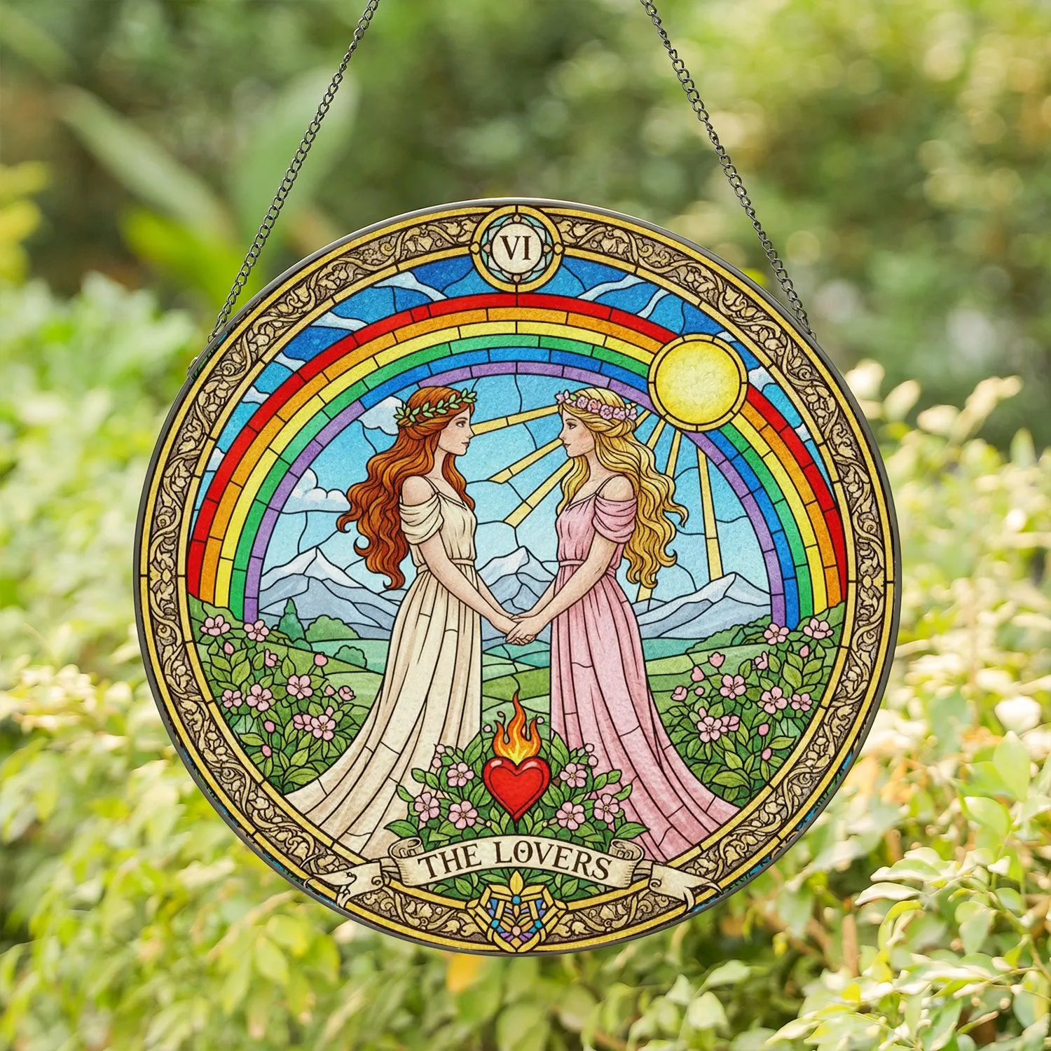 The Lovers VI Tarot Card Stained Glass Style Two Women Holding Hands Love Symbol Stained Glass Suncatcher - 1