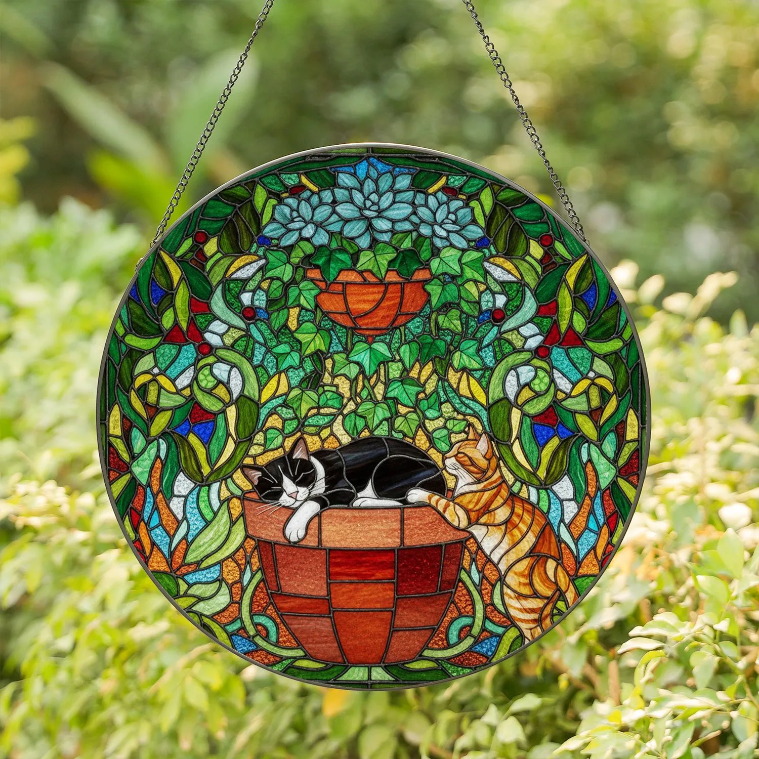 Black Tuxedo Cat Orange Tabby Stained Glass Tiffany - Sleeping, Climbing Cats Botanical Stained Glass Suncatcher - 1