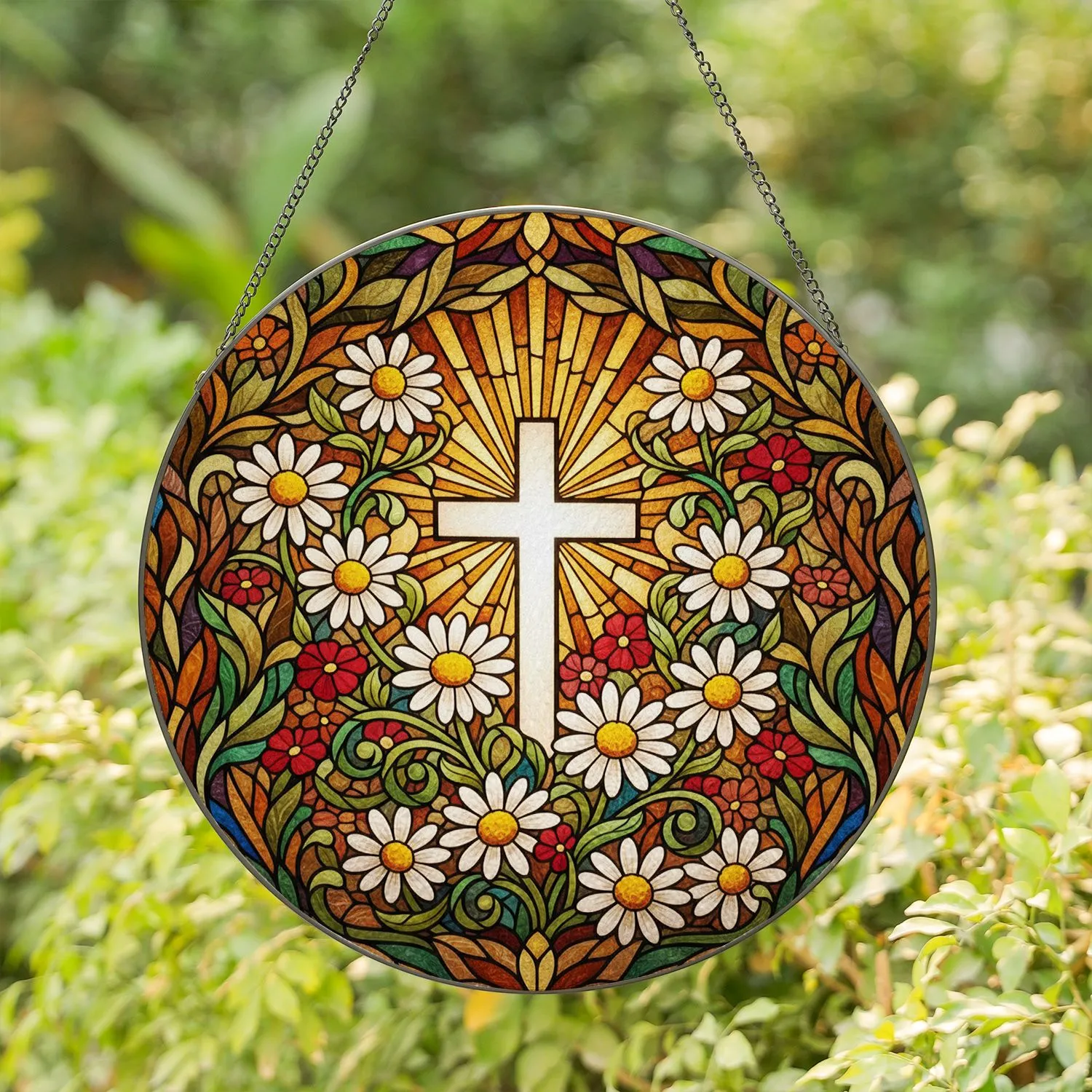 Christian Cross Daisy Flower Stained Glass Sunburst Mosaic Art - Glowing Jewel Tones Stained Glass Suncatcher - 1