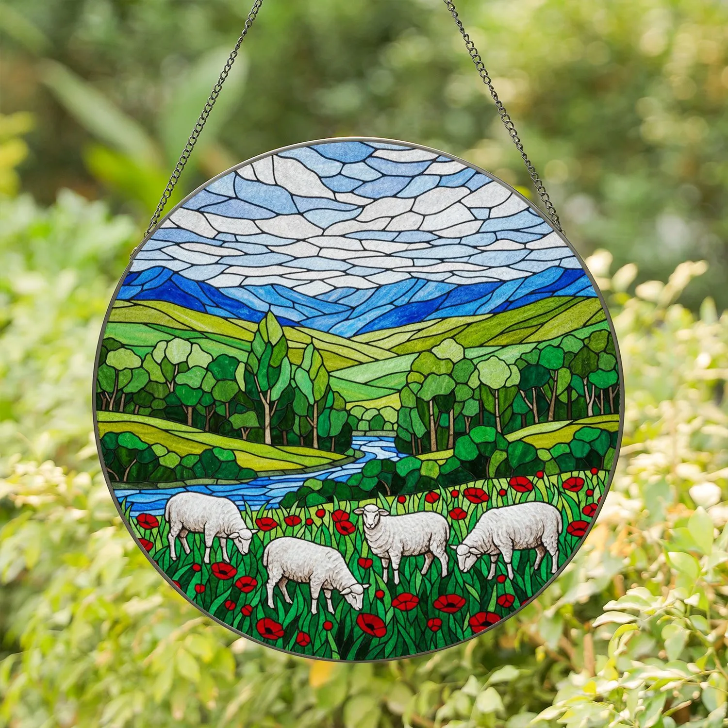 White Sheep Grazing Field Stained Glass Style - Red Poppies Blue Stream Hills Mountain Art Stained Glass Suncatcher - 1