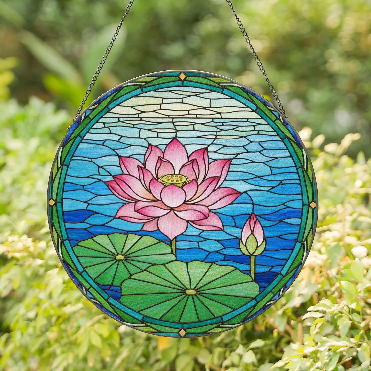 Intricate Stained Glass Pink Lotus Flower Water Scene - Tiffany Jewel Tone Art Stained Glass Suncatcher - 1