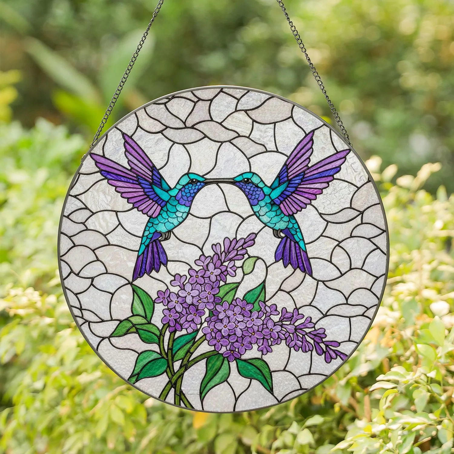 Hummingbird Pair Stained Glass Art - Tiffany Style Lavender Flowers & Iridescent Mosaic Stained Glass Suncatcher - 1