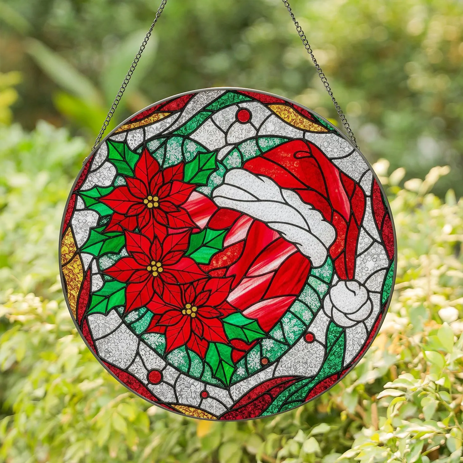 Santa Hat Heart Poinsettia Holly Leaves Snowflakes Christmas - Festive Holiday Decor Gift Stained Glass Suncatcher - 1