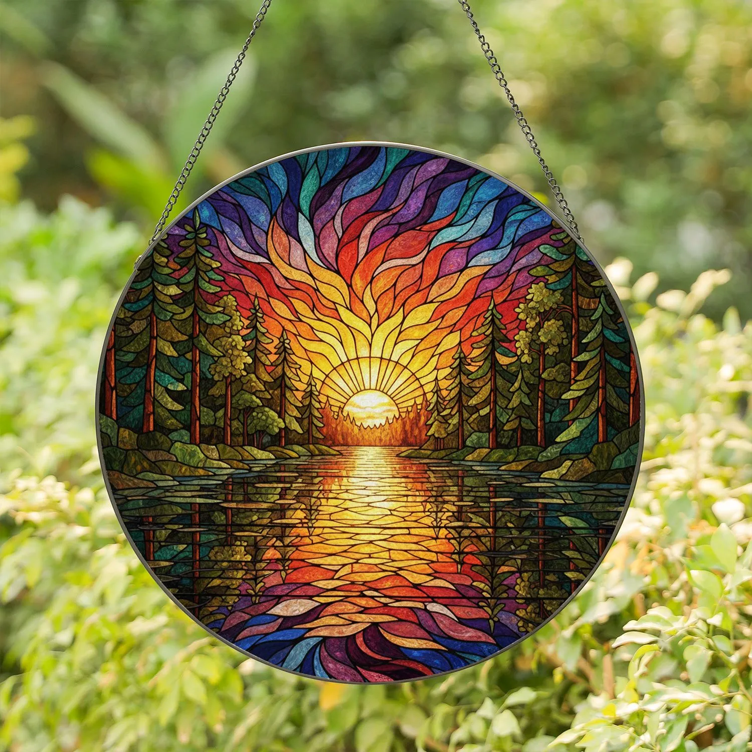 Stained Glass Sunset Lake River Trees Art - Tiffany Style Intricate Jewel Tone Reflective Nature Stained Glass Suncatcher - 1
