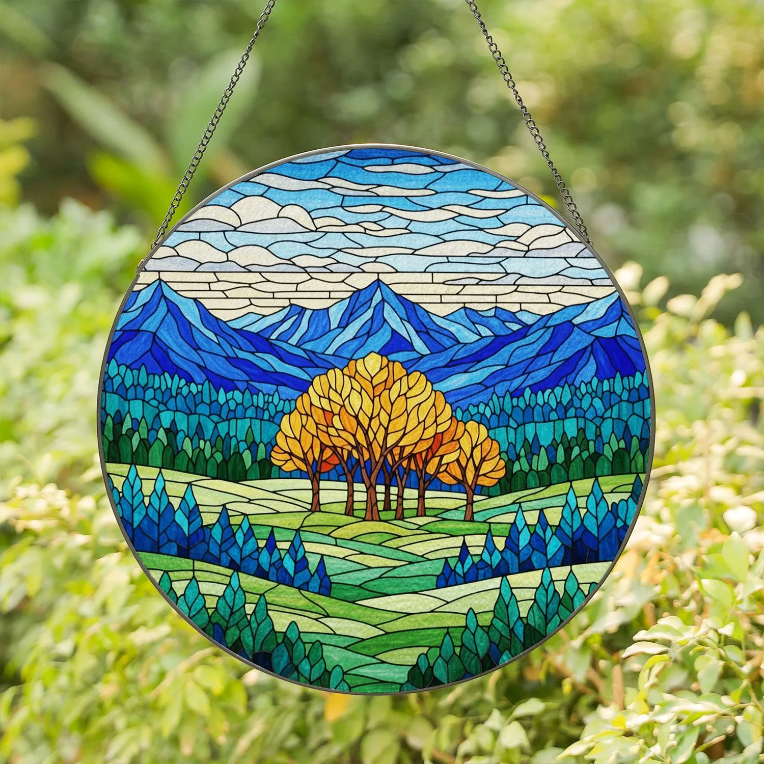 Golden Autumn Trees Stained Glass Mountain Landscape Rolling Hills Tiffany Art Decor Stained Glass Suncatcher - 1