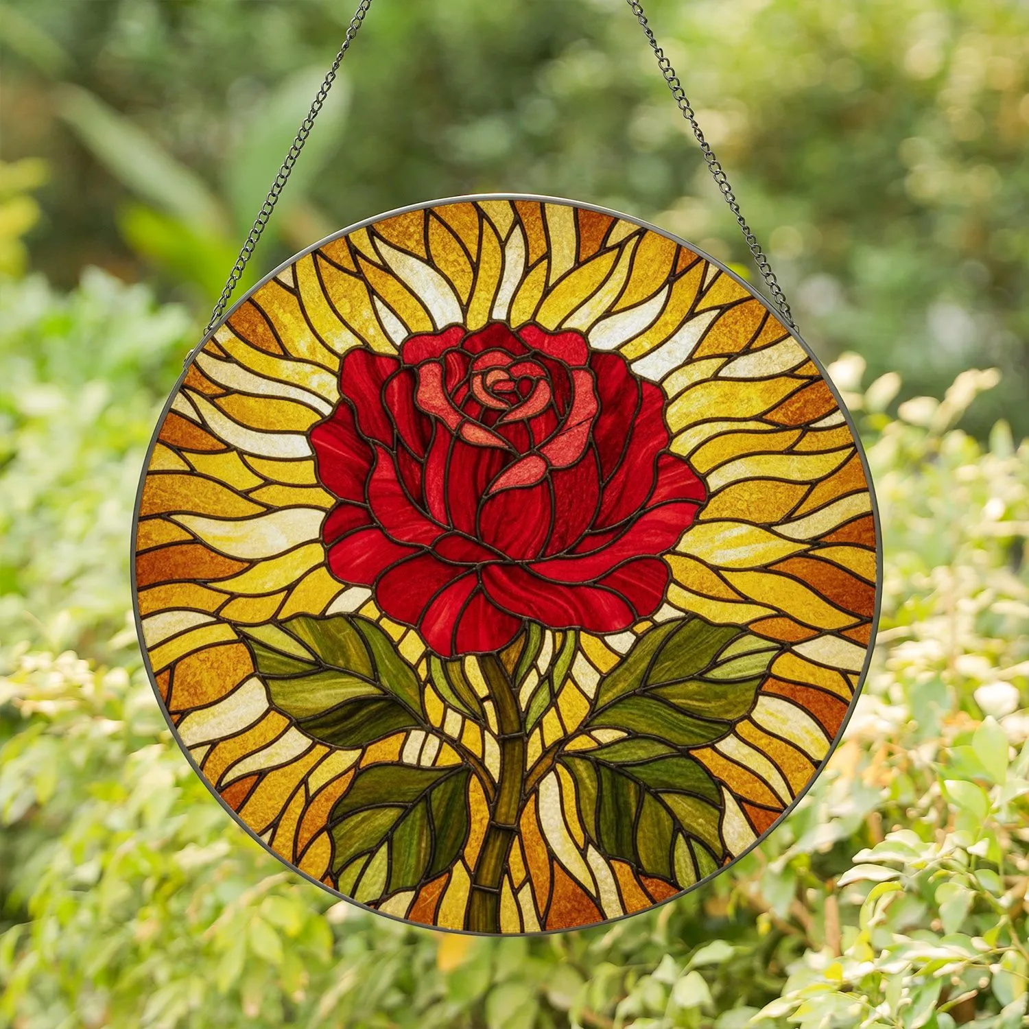 Deep Red Rose Stained Glass - Tiffany Style Mosaic Light with Radiant Amber Golden Glow Stained Glass Suncatcher - 1