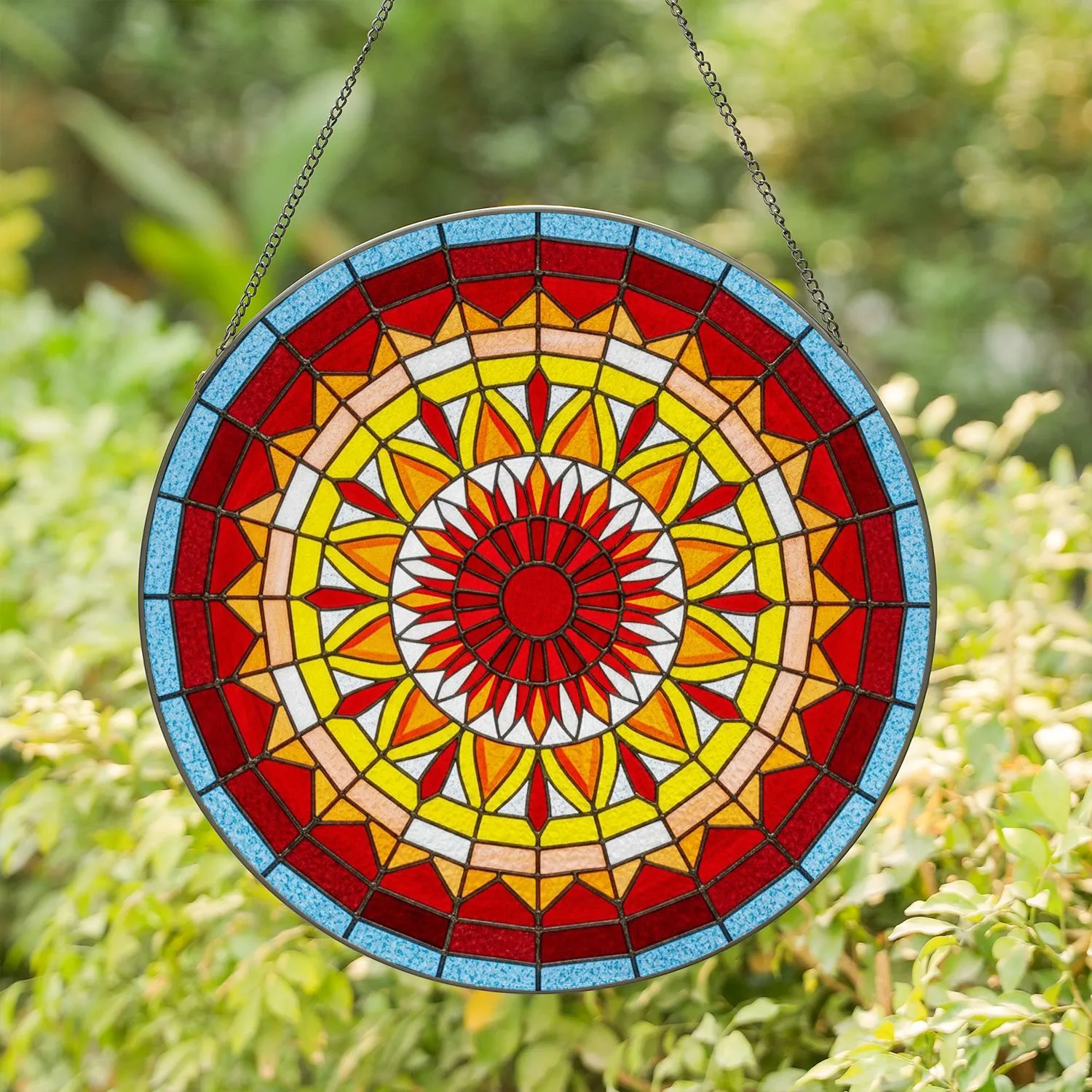 Stained Glass Mandala Starburst - Radiant Sun-like Geometric Tiffany Jewel Tone Art Stained Glass Suncatcher - 1