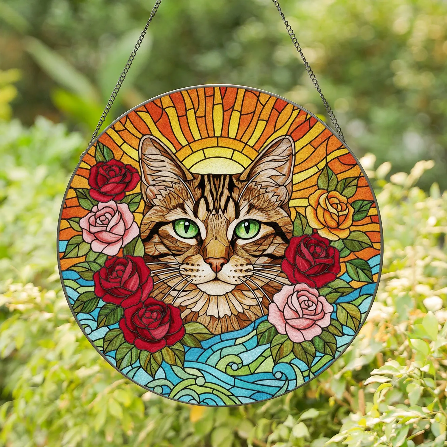 Tabby Cat Face Stained Glass with Roses - Tiffany Art Home Decor Gift for Cat Lovers Stained Glass Suncatcher - 1