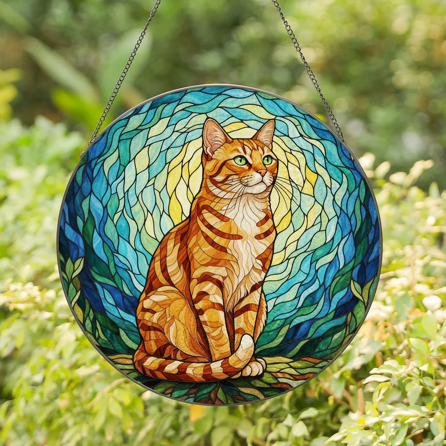 Elegant Orange Tabby Cat Stained Glass Tiffany Style Colorful Intricate Mosaic Art Stained Glass Suncatcher - 1