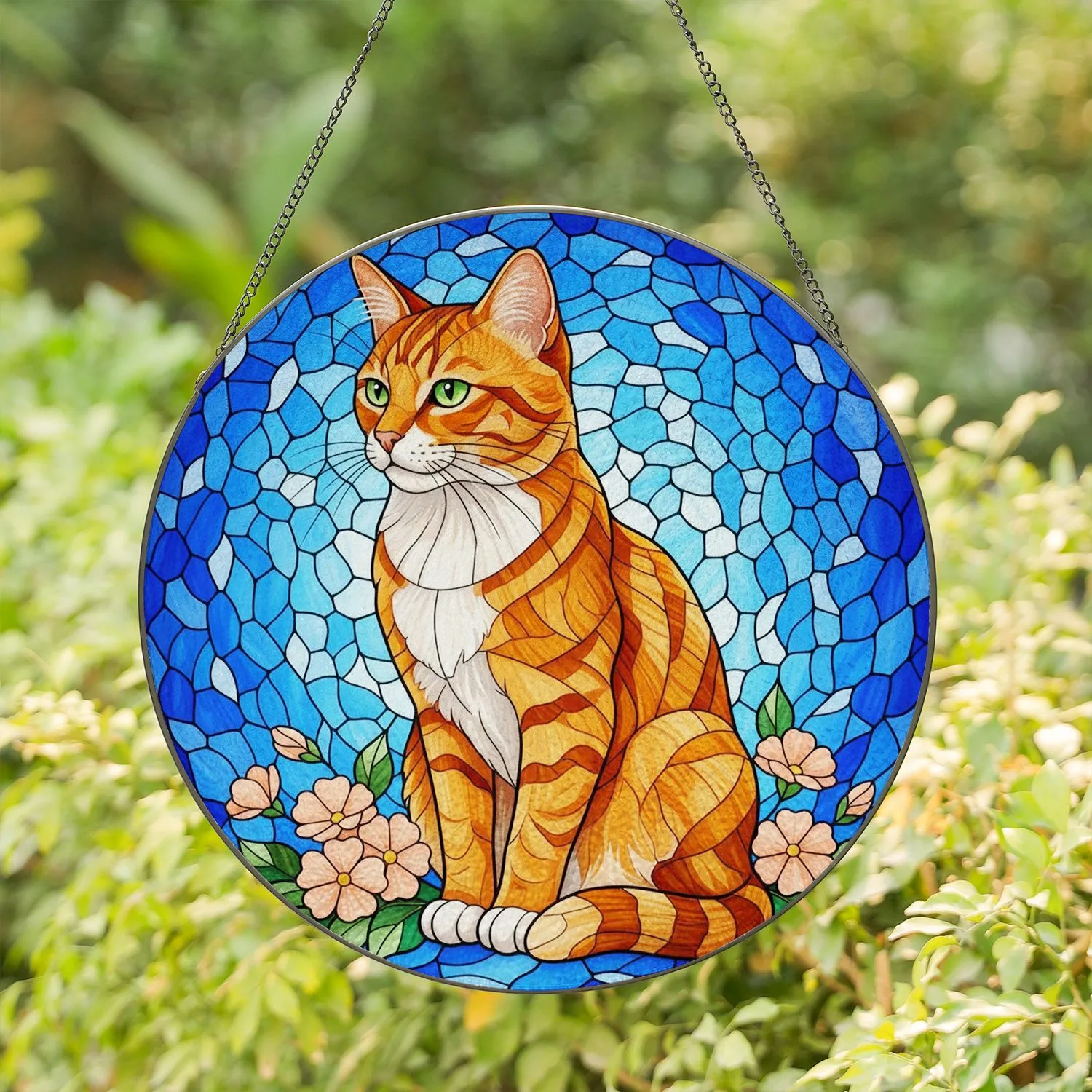 Orange Tabby Cat Stained Glass Art - Tiffany Style Jewel Tones, Green Eyes, Blue Mosaic Stained Glass Suncatcher - 1