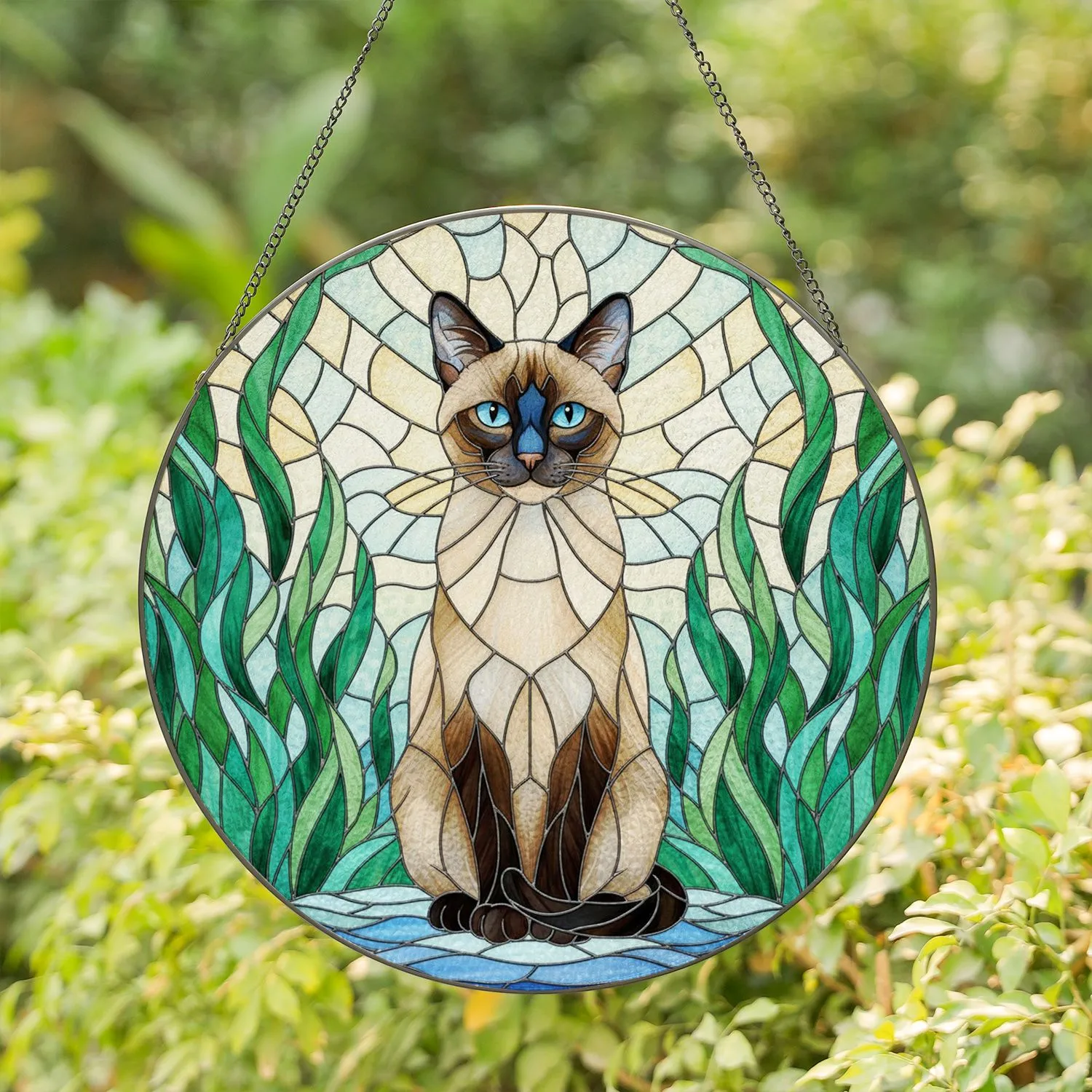 Regal Siamese Cat Tiffany Style Stained Glass - Aquatic Foliage Mosaic Sky Water Stained Glass Suncatcher - 1