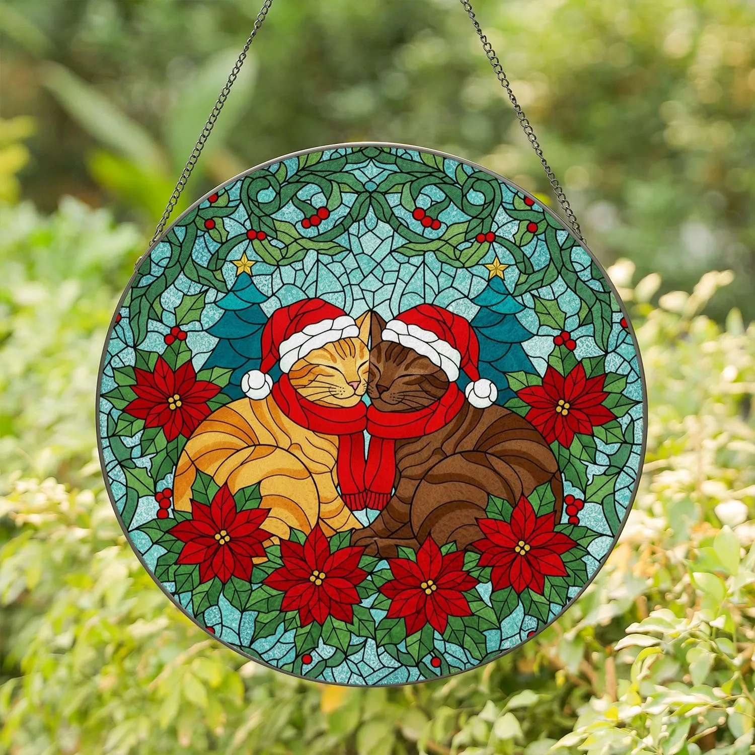 Tabby Cats Santa Hats Poinsettia Holly Christmas Trees - Winter Holiday Gift for Cat Lovers Stained Glass Suncatcher - 1
