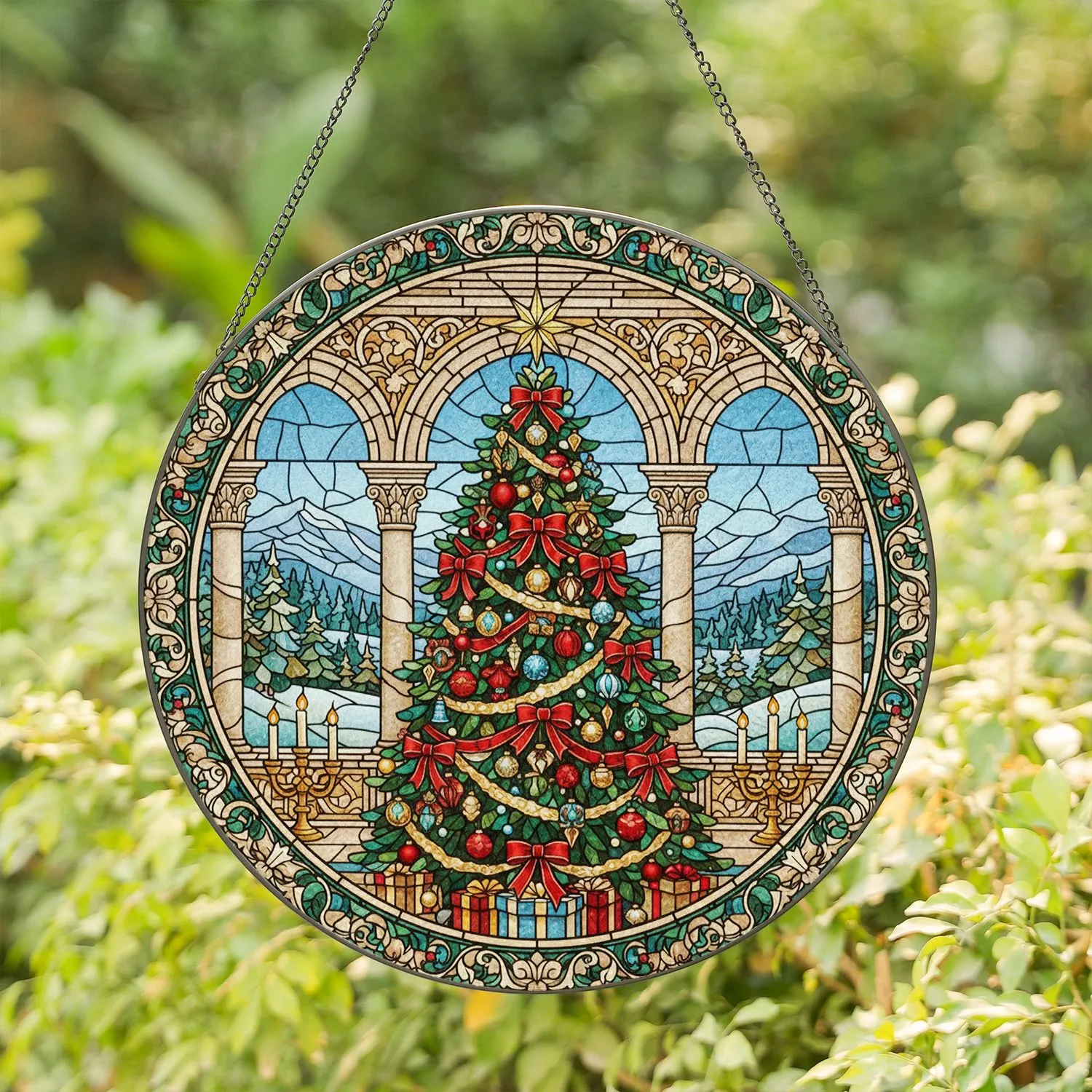 Christmas Tree Stained Glass Mountain Landscape Tiffany Style Ornaments Home Decor Stained Glass Suncatcher - 1