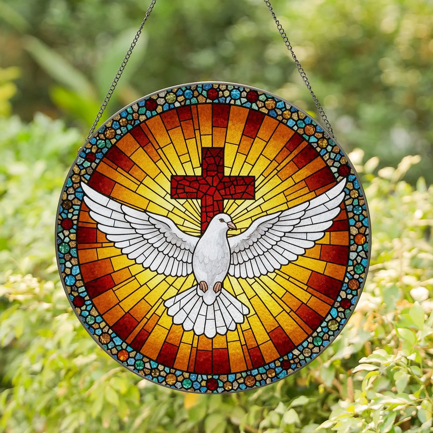Majestic White Dove Mosaic Cross Sunburst Intricate Tiffany Glass Window Art Stained Glass Suncatcher - 1