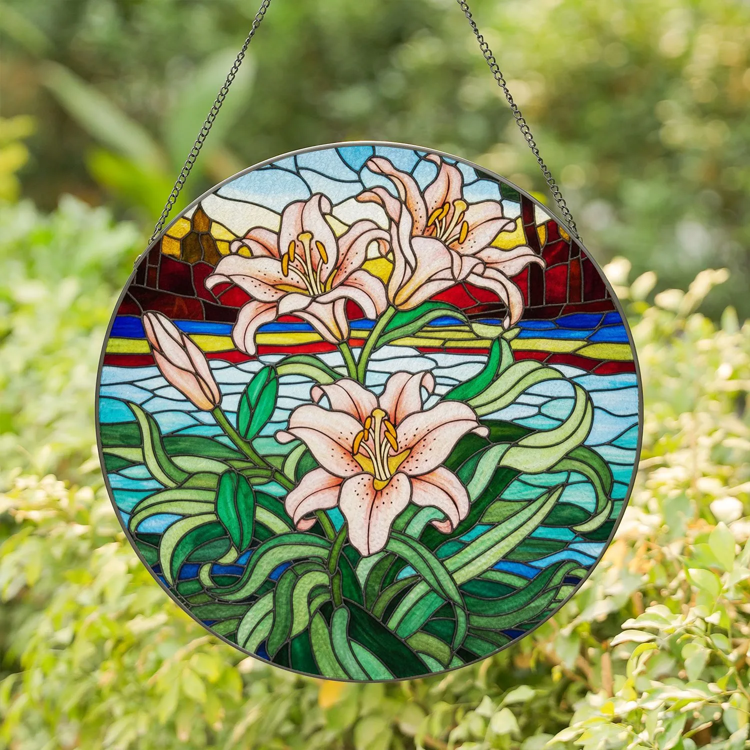 Tiffany Glass Lily Flowers Mosaic Landscape - Detailed Garden Window Art Home Decor Stained Glass Suncatcher - 1