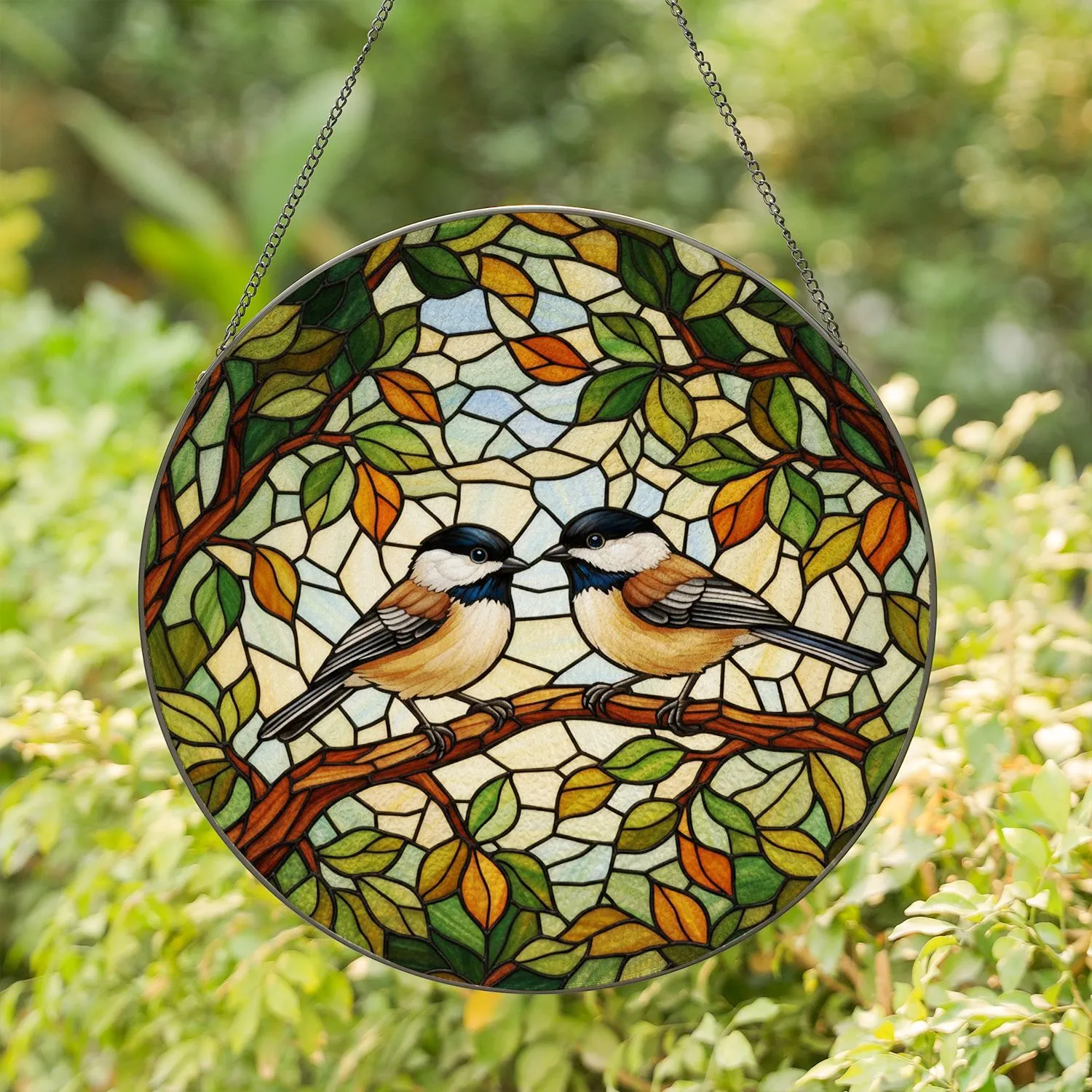 Chickadee Birds Translucent Stained Glass Art Tree Branch Mosaic Leaves Nature Wildlife Stained Glass Suncatcher - 1