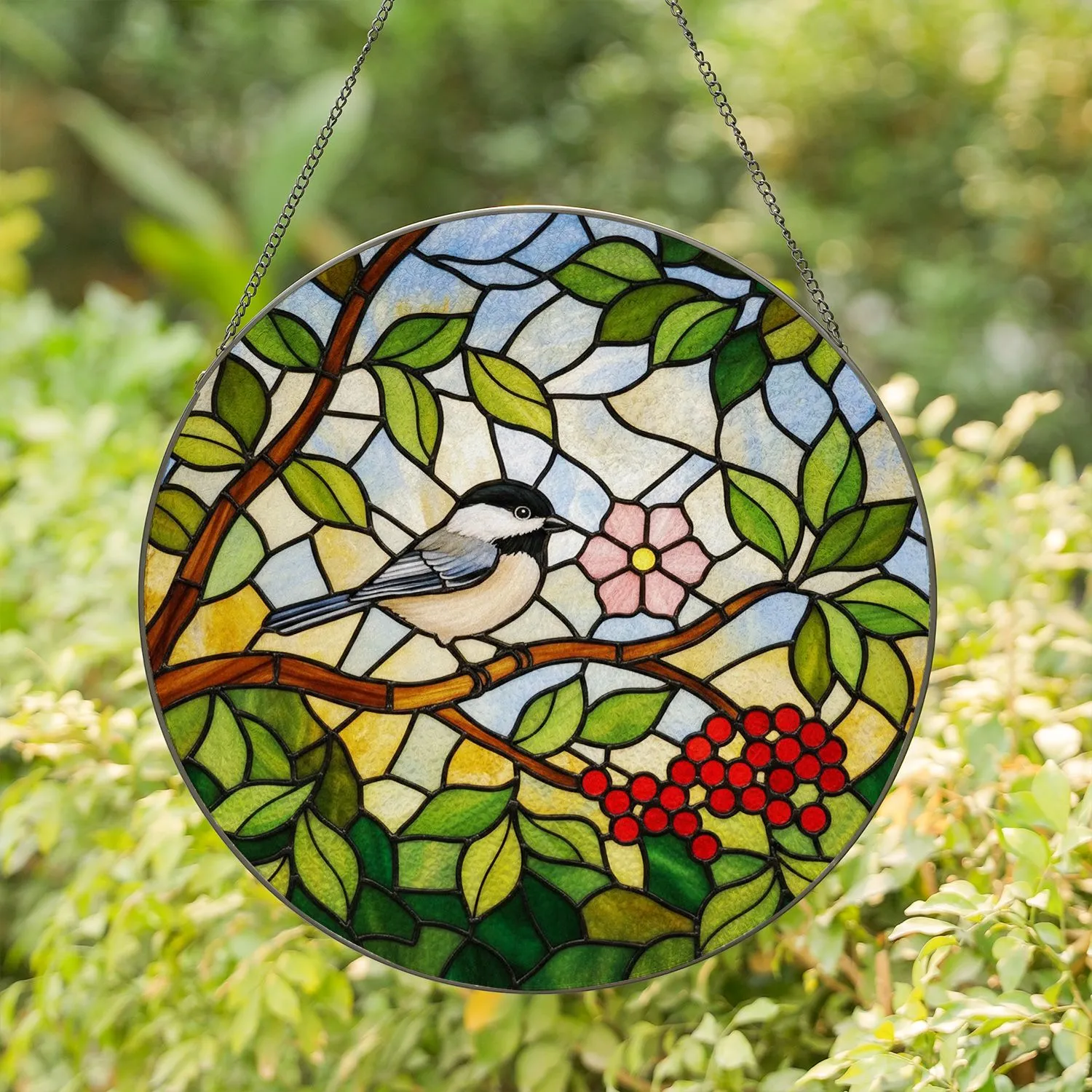 Black-Capped Chickadee Stained Glass Bird Art - Pink Blossom Red Berry Green Leaf Tiffany Stained Glass Suncatcher - 1