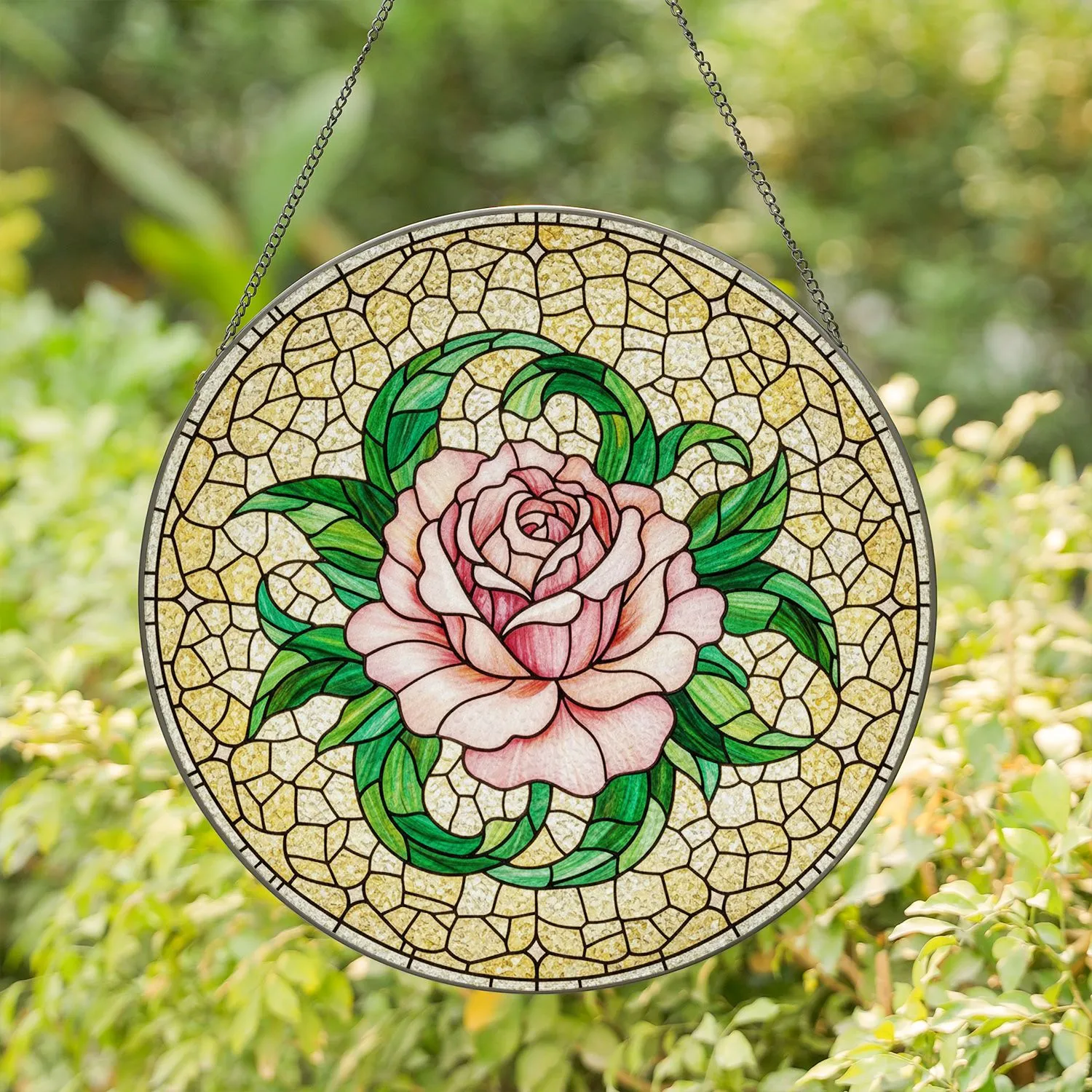 Intricate Blooming Rose Stained Glass Tiffany Style - Jewel Tone Mosaic Leaves Art Stained Glass Suncatcher - 1