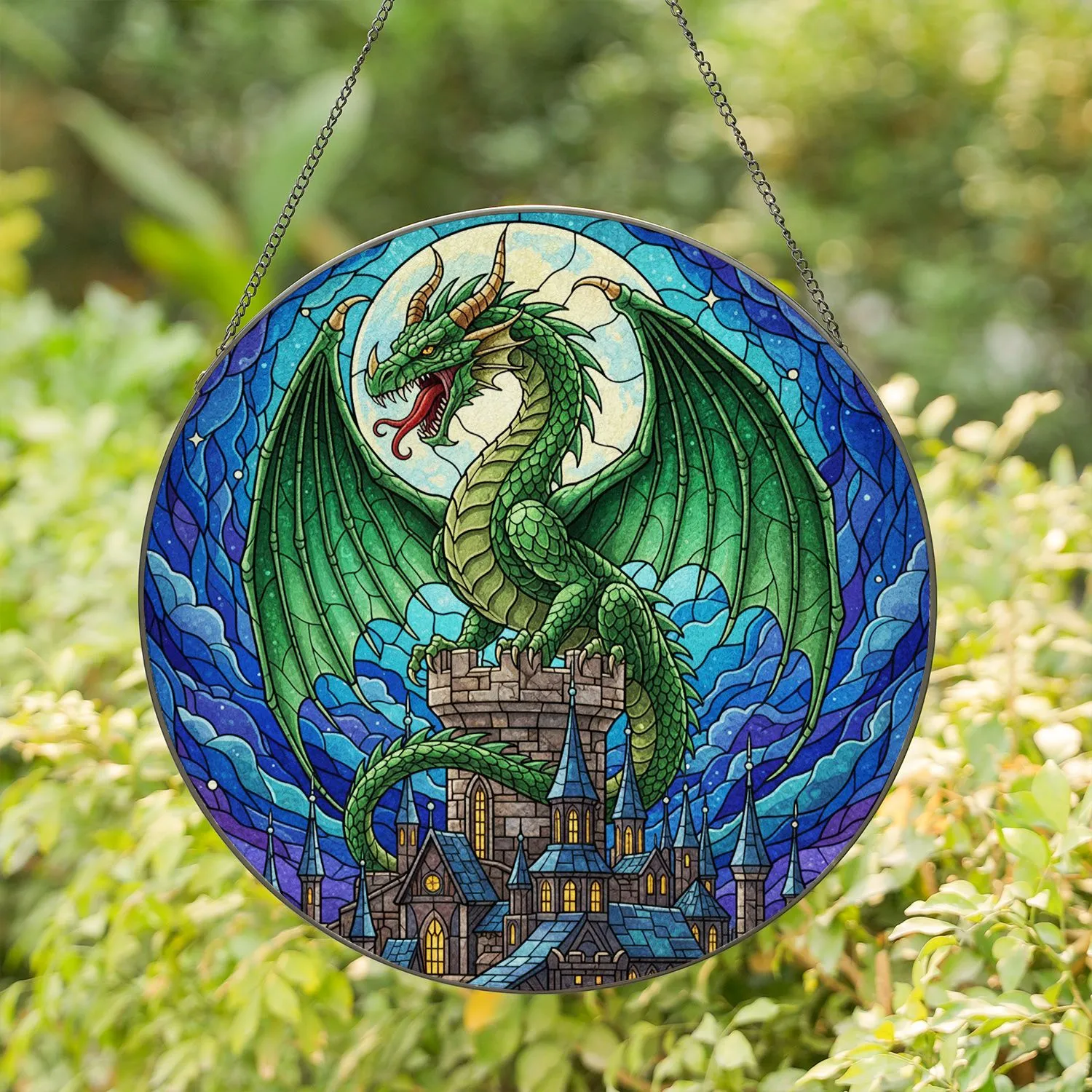 Majestic Fierce Green Dragon Castle Tower Night Sky - Moonlit Tiffany Style Art Stained Glass Suncatcher - 1