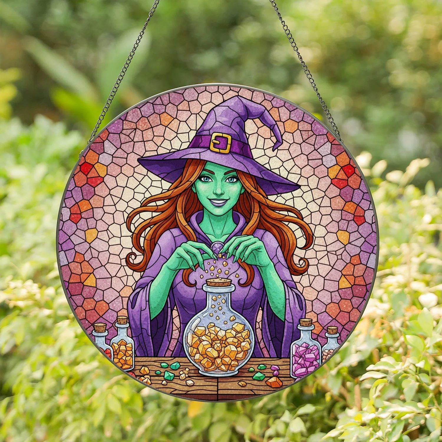 Smiling Green Witch Potion Bottle Tiffany Style Stained Glass Art - Fantasy Decor Gift Stained Glass Suncatcher - 1