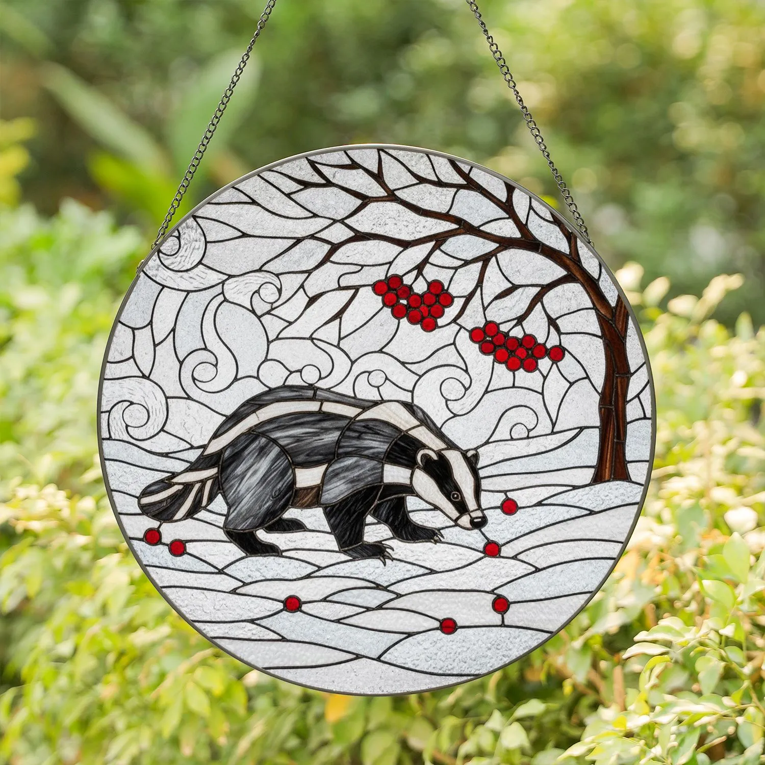 Badger Snow Frost Berries Tiffany Stained Glass Winter Mosaic Wildlife Art Home Decor Stained Glass Suncatcher - 1