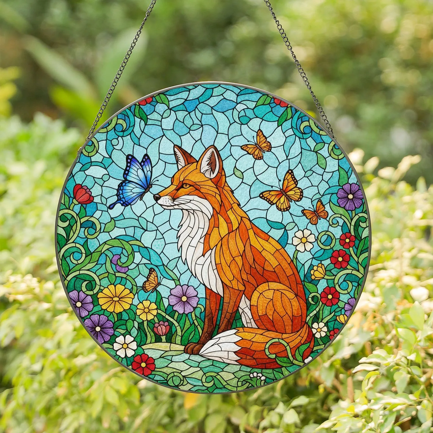 Tiffany Style Stained Glass Fox & Blue Butterfly Wildflower - Nature Art Decor Gift for Fox Lovers Stained Glass Suncatcher - 1