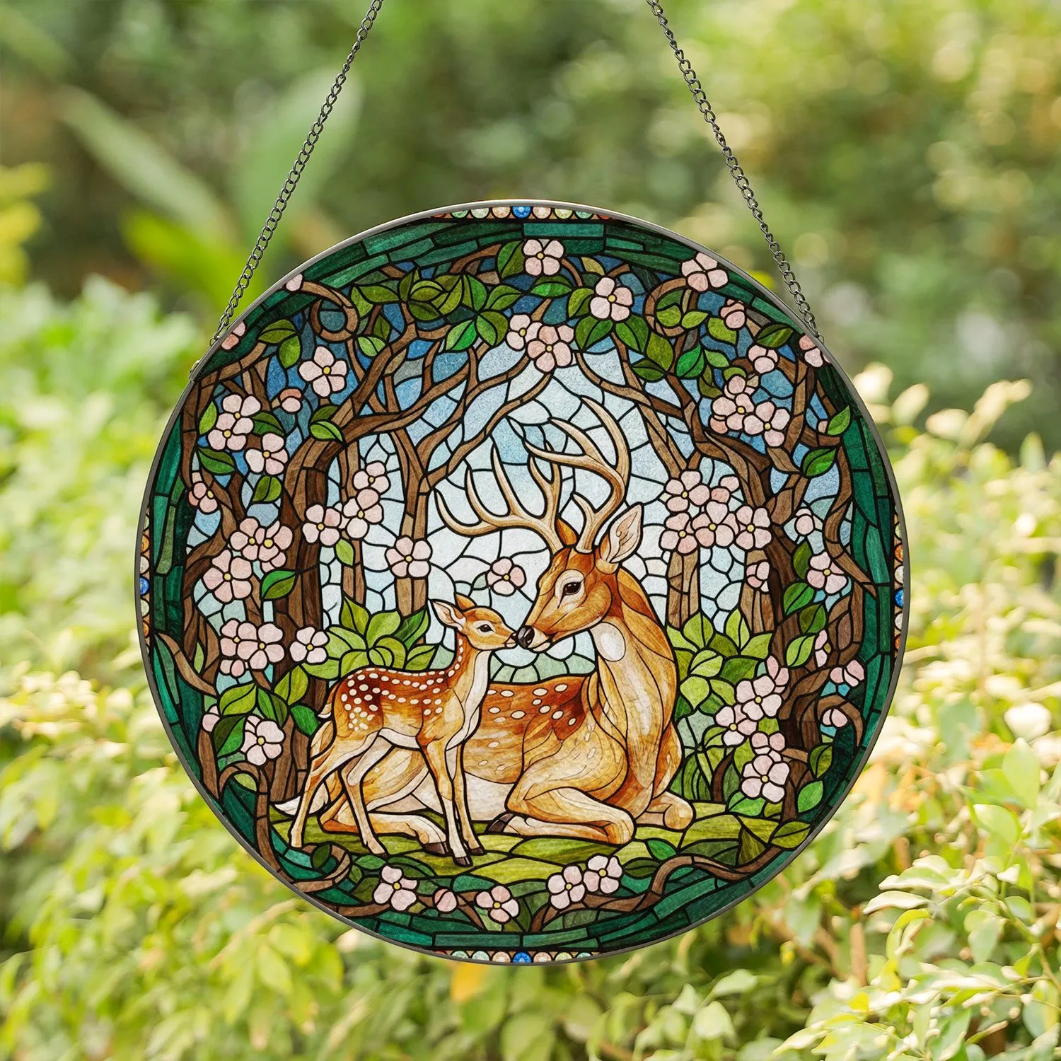 Mother Deer Fawn Stained Glass Tiffany Style Forest Canopy Wildlife Art Home Decor Gift Stained Glass Suncatcher - 1