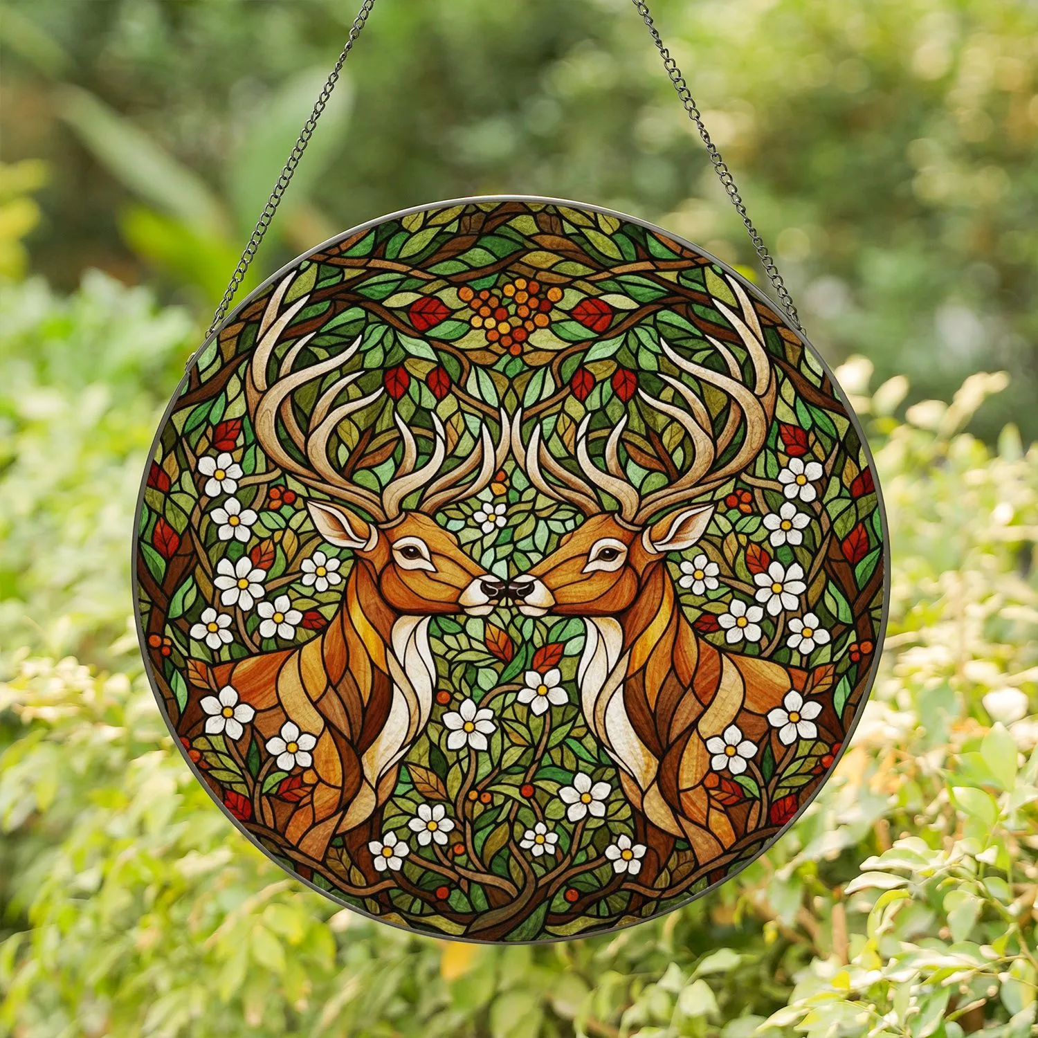 Majestic Stags Antlers Tiffany Style Stained Glass - Lush Forest Wildflowers Art Stained Glass Suncatcher - 1