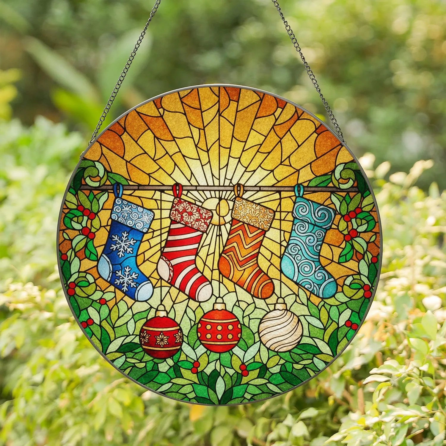 Intricate Christmas Stockings Ornaments Tiffany Stained Glass Mosaic Art - Holiday Gift Stained Glass Suncatcher - 1