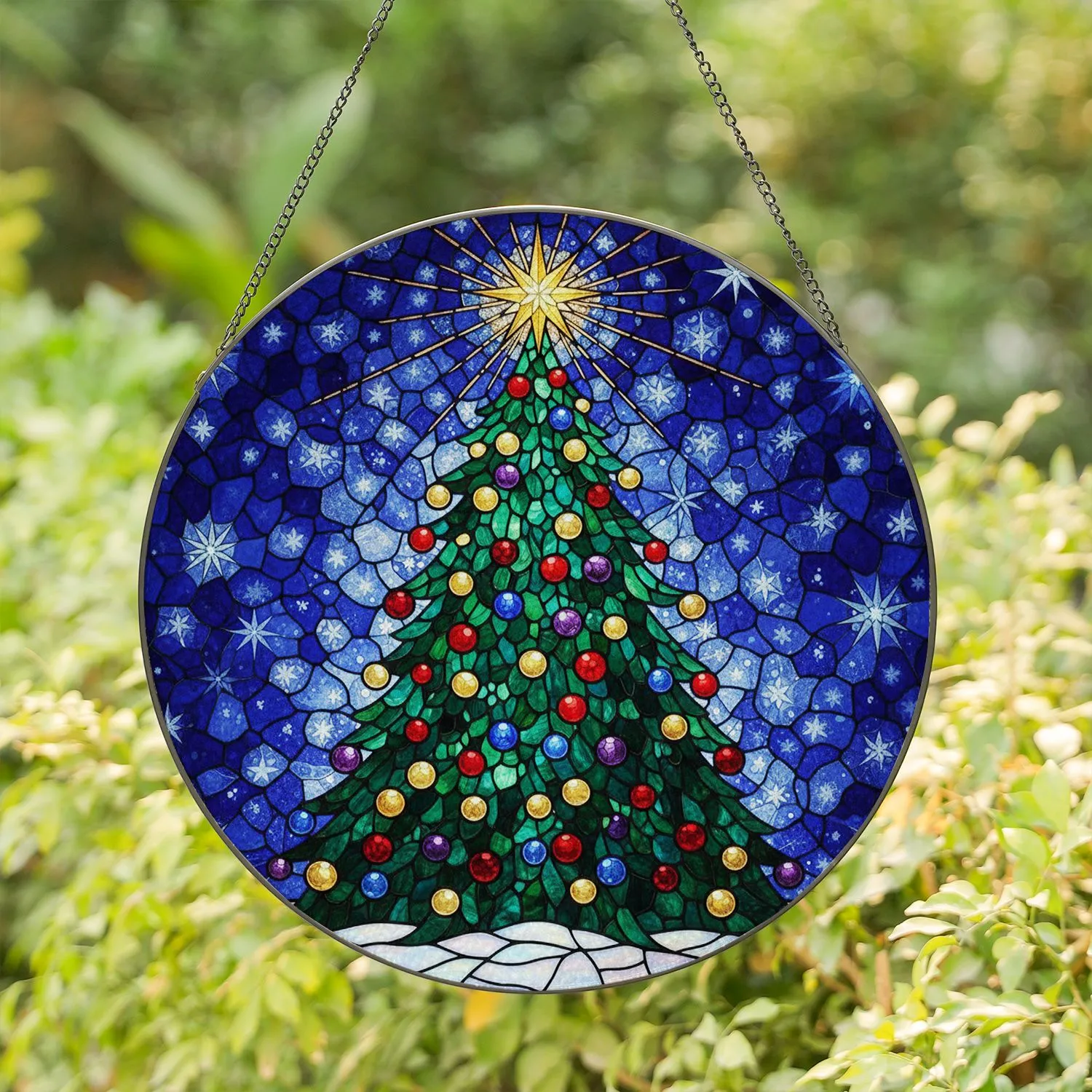 Tiffany Style Stained Glass Christmas Tree Winter Night - Holiday Decor & Gift Stained Glass Suncatcher - 1