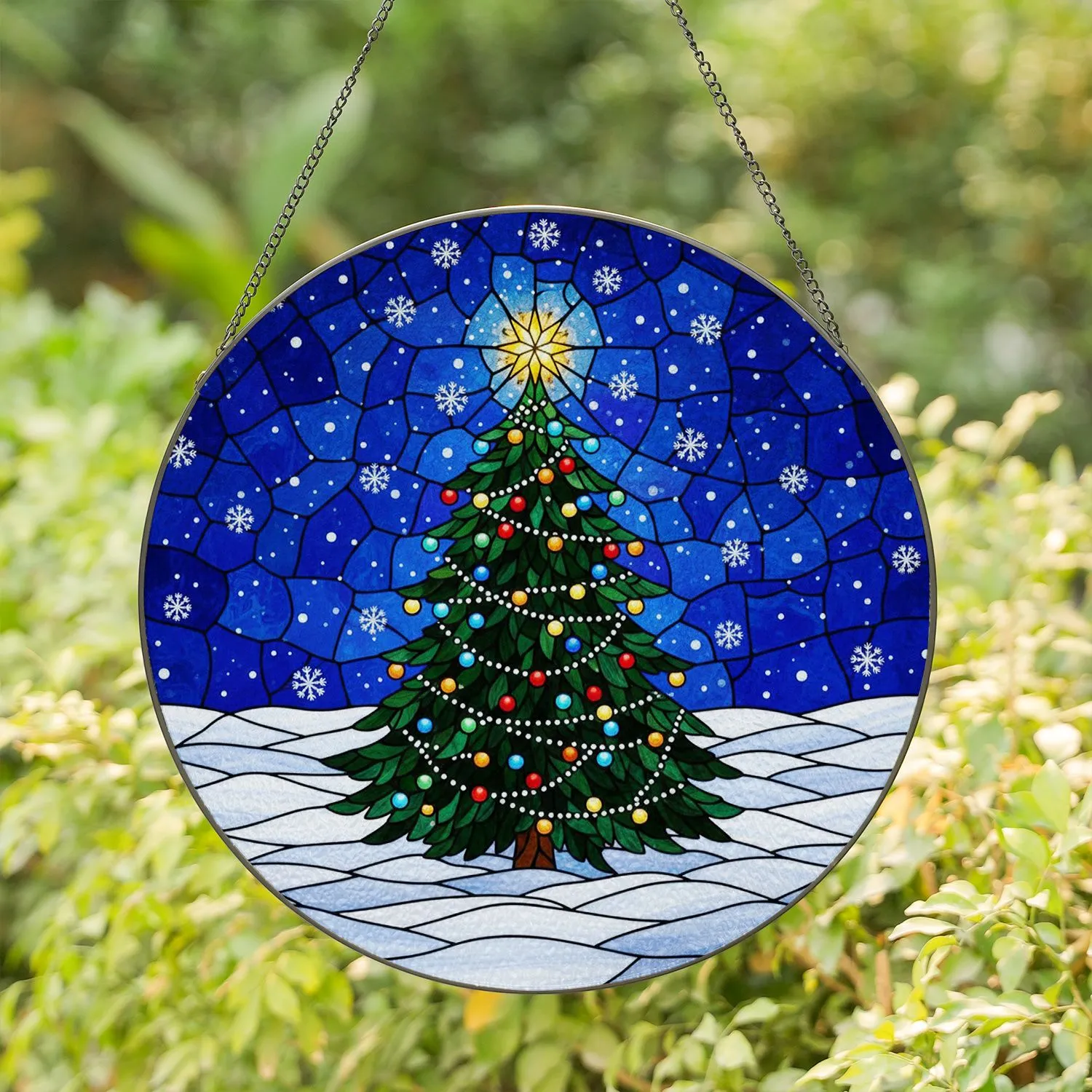 Christmas Pine Tree Stained Glass Art - Decorated Lights, Snow, Winter Night Sky Mosaic Stained Glass Suncatcher - 1