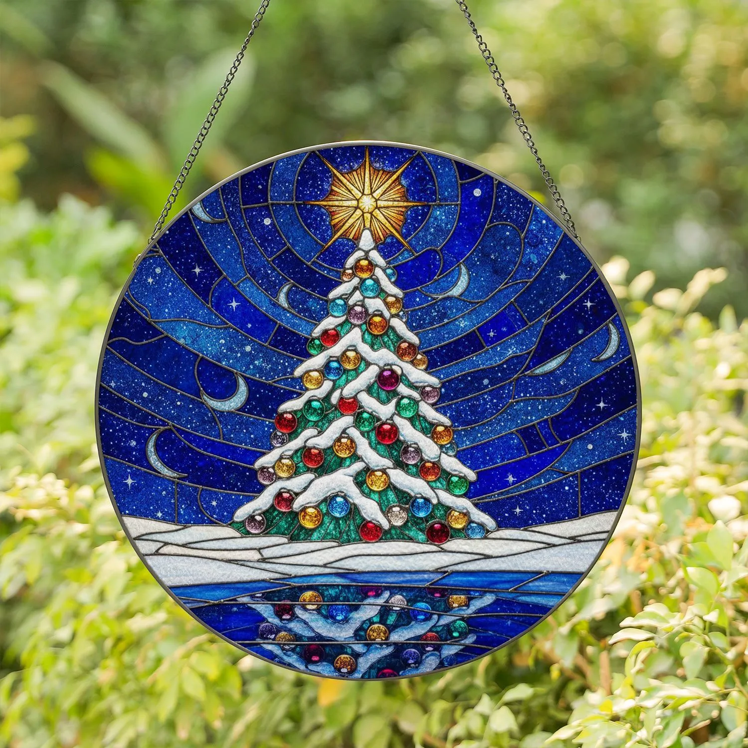 Stained Glass Christmas Tree Star Topped Glowing Ornaments - Snowy Midnight Sky Gift Stained Glass Suncatcher - 1