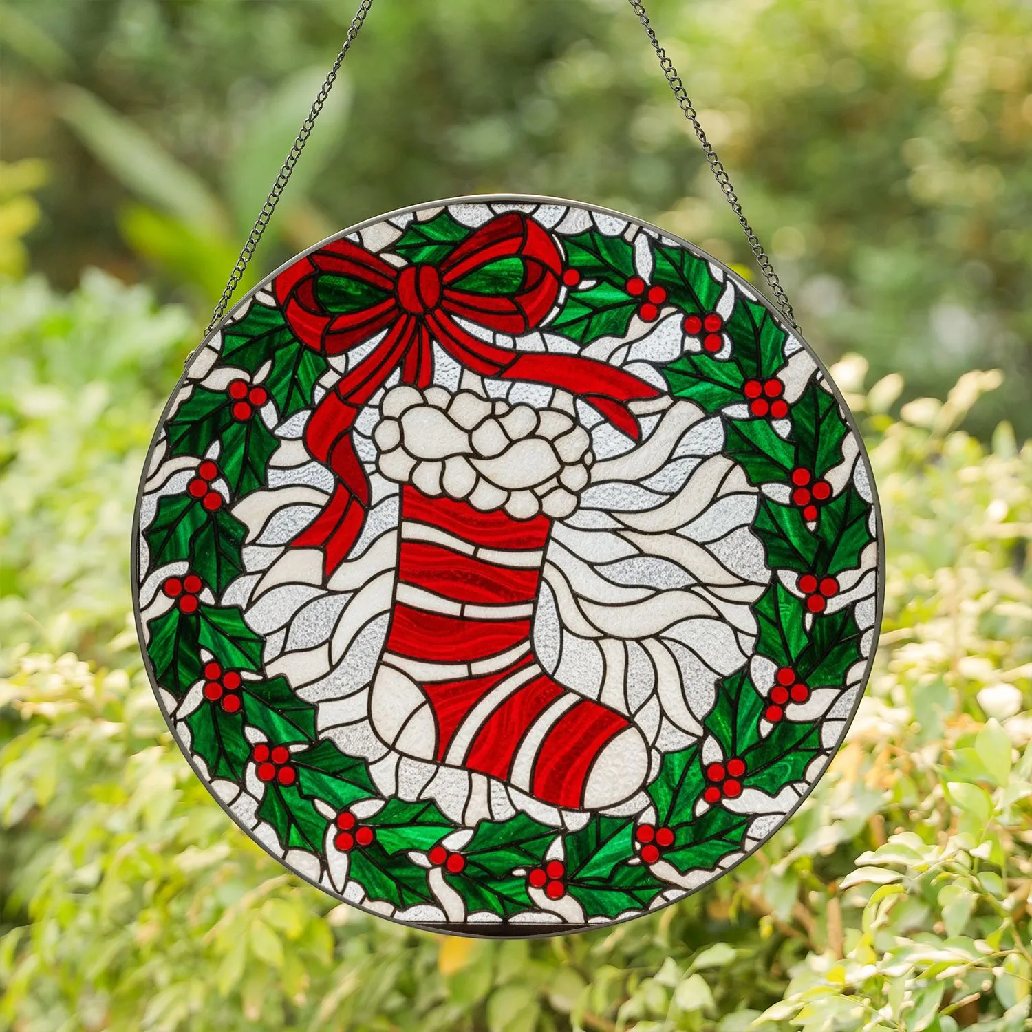 Red Christmas Stocking Holly Wreath Berries Tiffany Glass - Christmas Holiday Decor Gift Stained Glass Suncatcher - 1