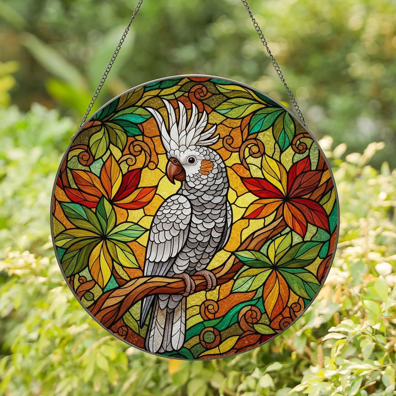 Grey Cockatoo Stained Glass Tiffany Style Leaves Tree Branch Mosaic Window Art Stained Glass Suncatcher - 1
