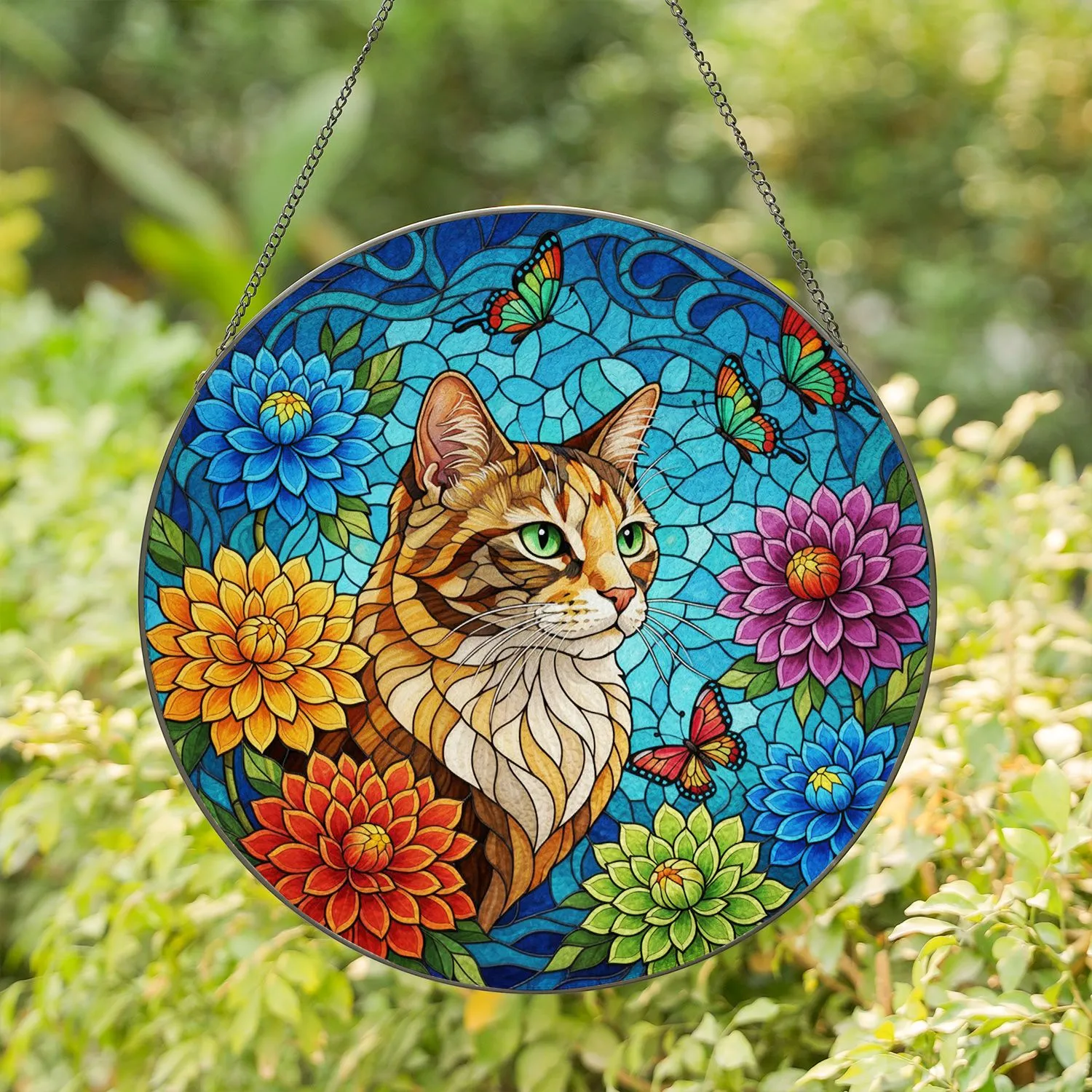 Calico Cat Stained Glass Flowers Butterflies Mosaic Art - Detailed Tiffany Style Home Decor Stained Glass Suncatcher - 1