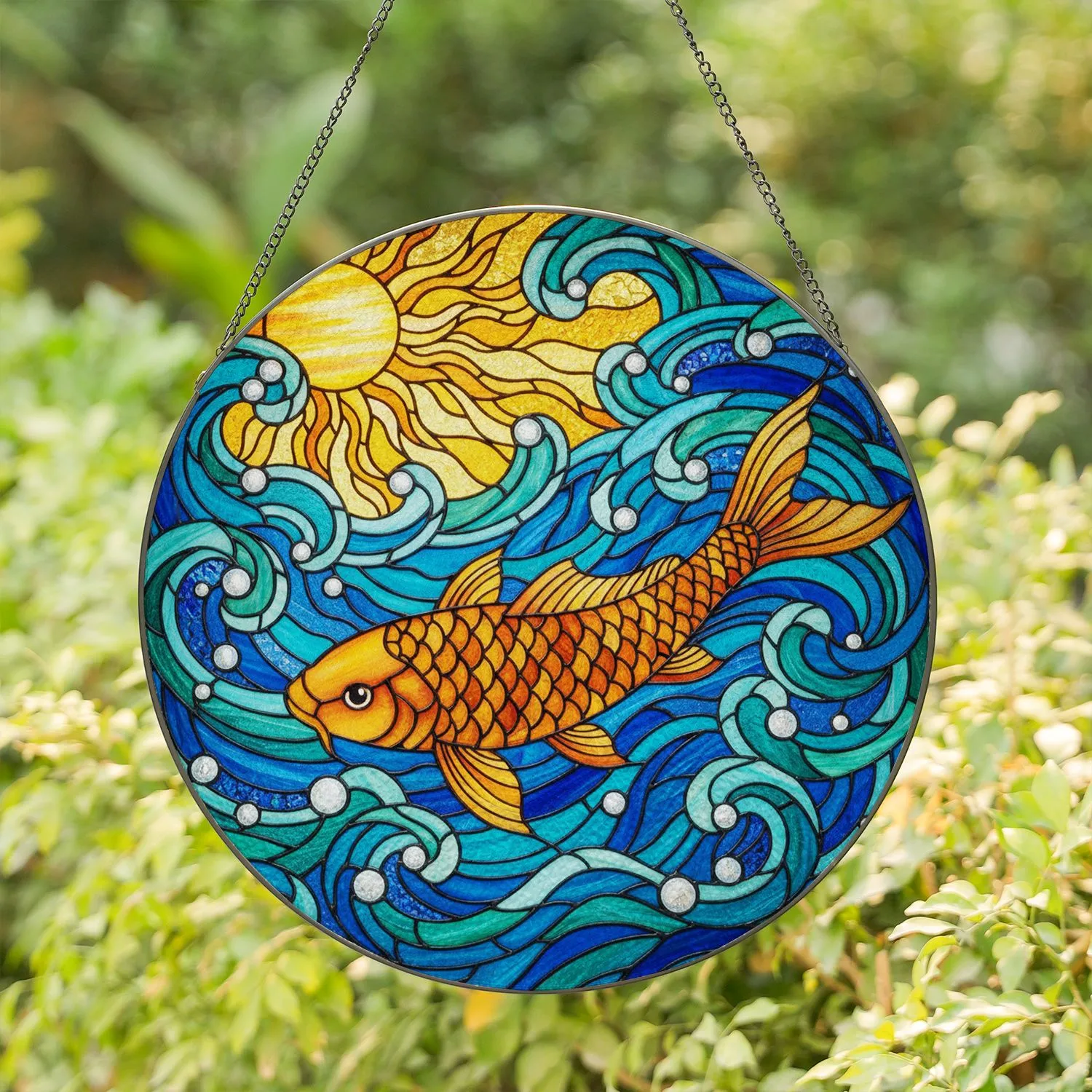 Tiffany Stained Glass Koi Fish Sun Mosaic - Swirling Water Currents Window Decor Gift Stained Glass Suncatcher - 1