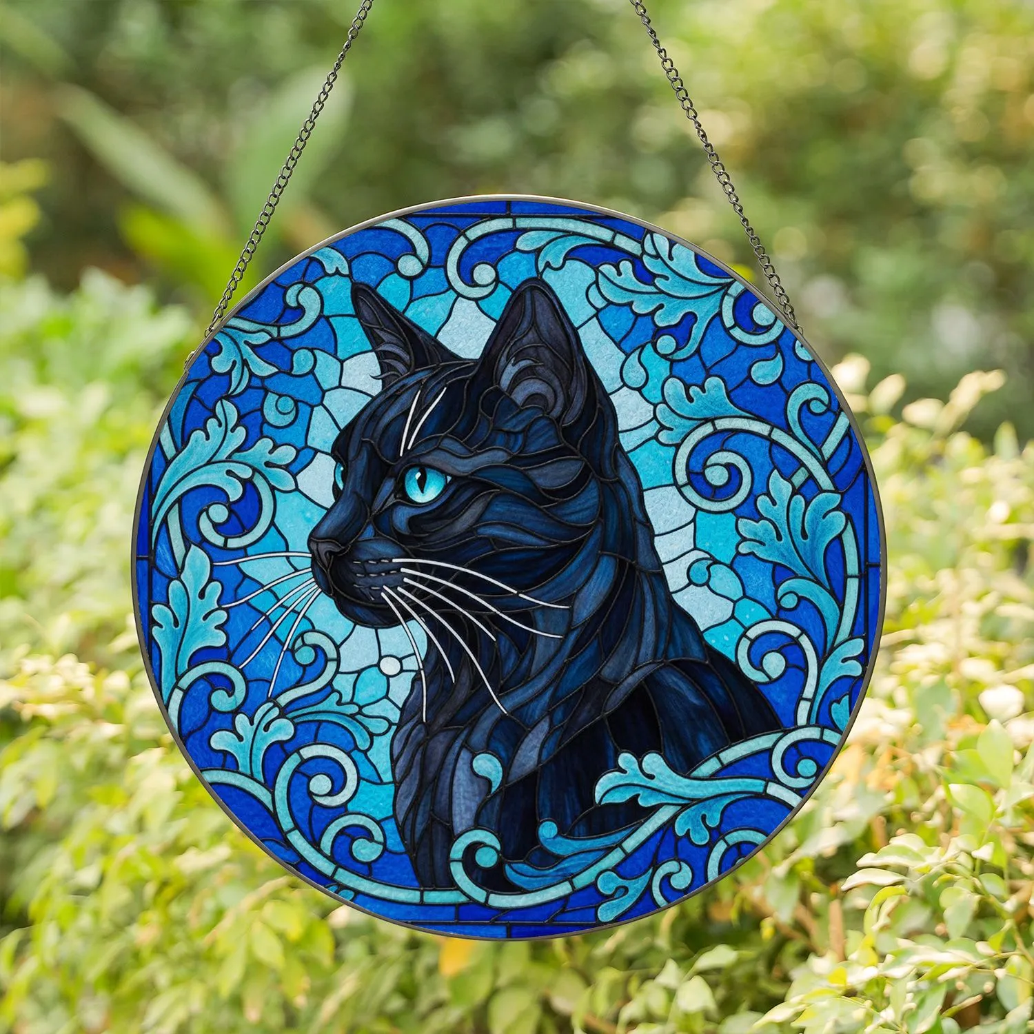 Black Cat Blue Eyes Stained Glass Floral Mosaic Art - Tiffany Style Intricate Detail Home Decor Stained Glass Suncatcher - 1