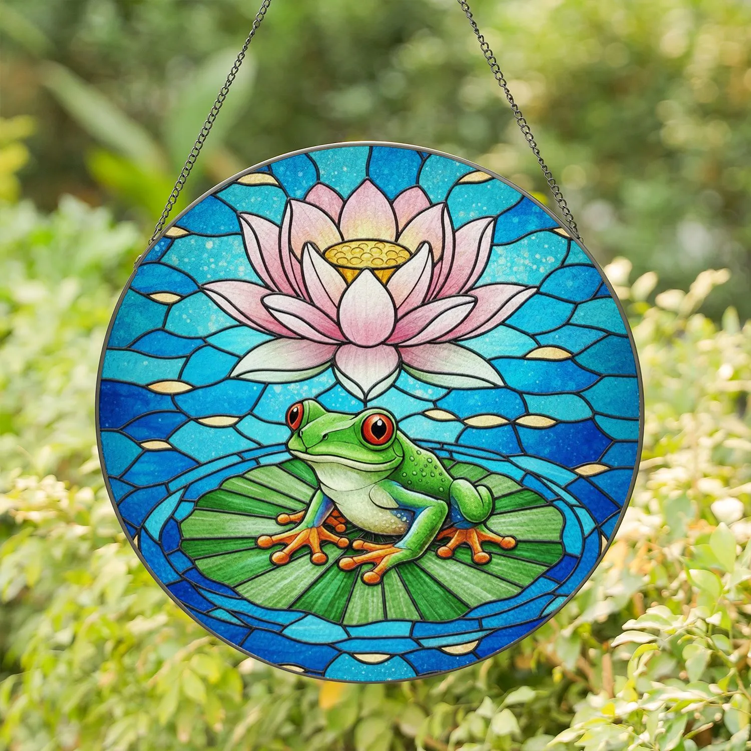Green Tree Frog Red Eyes Orange Toes Lily Pad Lotus Tiffany Stained Glass Pond Art Stained Glass Suncatcher - 1