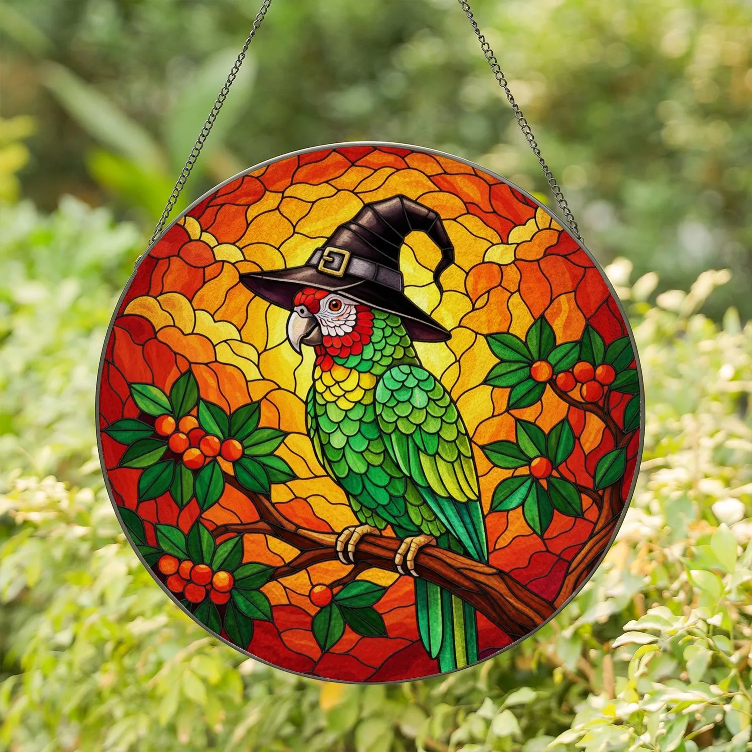 Green Parrot Witch Hat Stained Glass Sunset Mosaic - Tiffany Style Decor Jewel Tones Stained Glass Suncatcher - 1