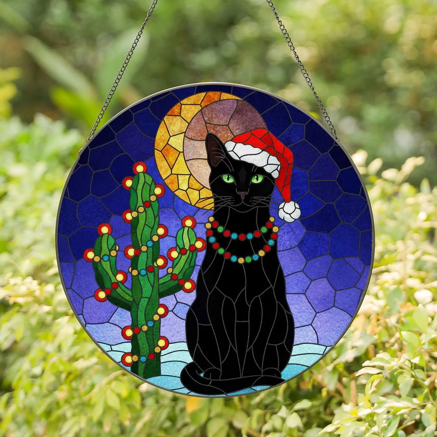 Black Cat Santa Hat Christmas Cactus - Stained Glass Holiday Gift for Cat Lovers Stained Glass Suncatcher - 1
