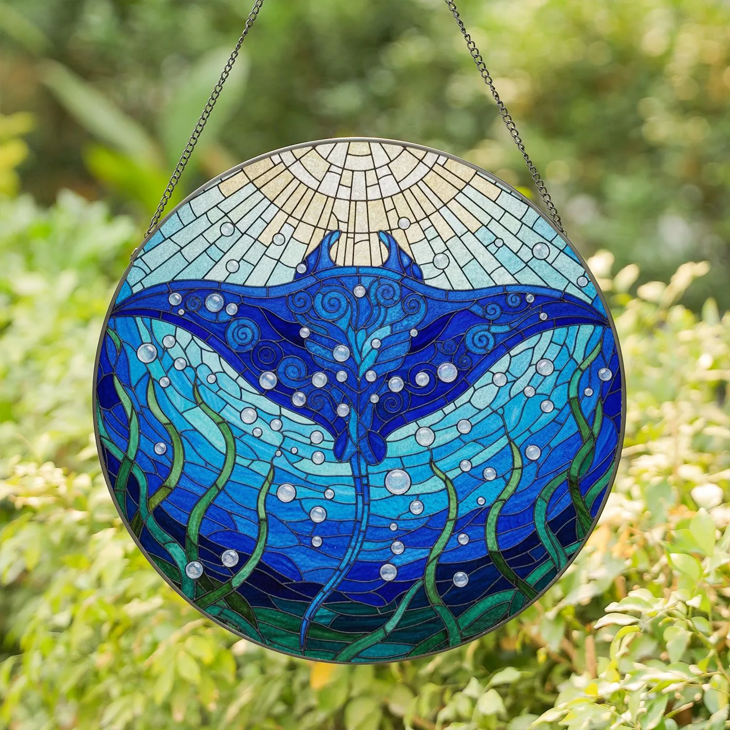 Majestic Manta Ray Stained Glass Ocean Art - Tiffany Style Underwater Mosaic Decor with Seaweed Bubbles Stained Glass Suncatcher - 1