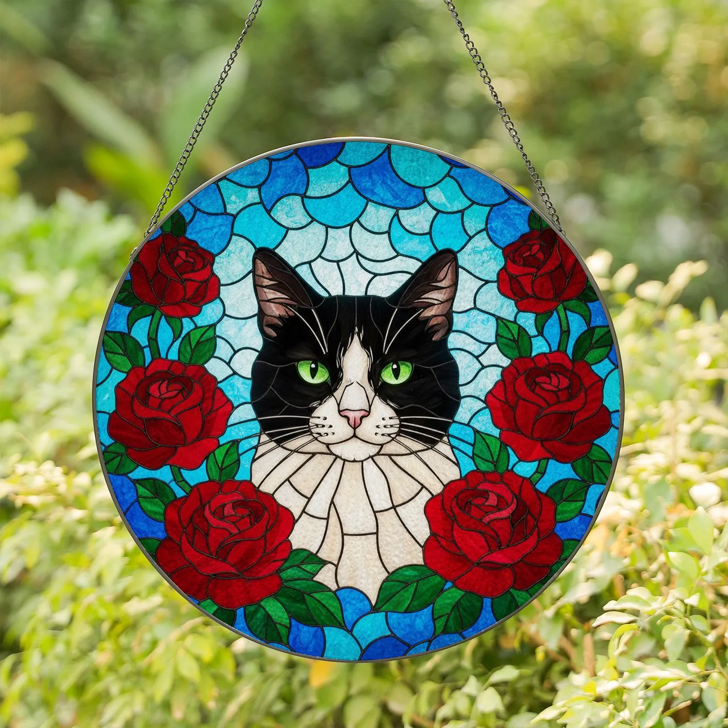 Black Tuxedo Cat Red Roses Tiffany Style - Green Eyed Pet Blue Sky Mosaic Jewel Tone Stained Glass Suncatcher - 1