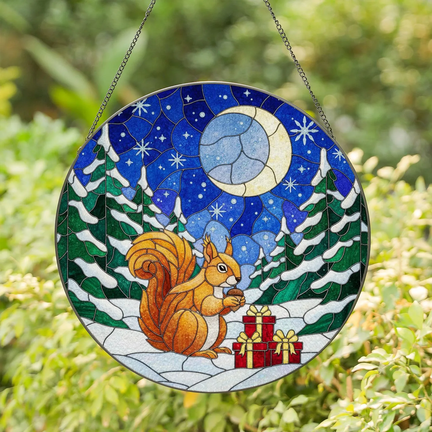 Squirrel Acorn Stained Glass Tiffany Style Winter Moon Landscape Snowflake Christmas Gift Stained Glass Suncatcher - 1