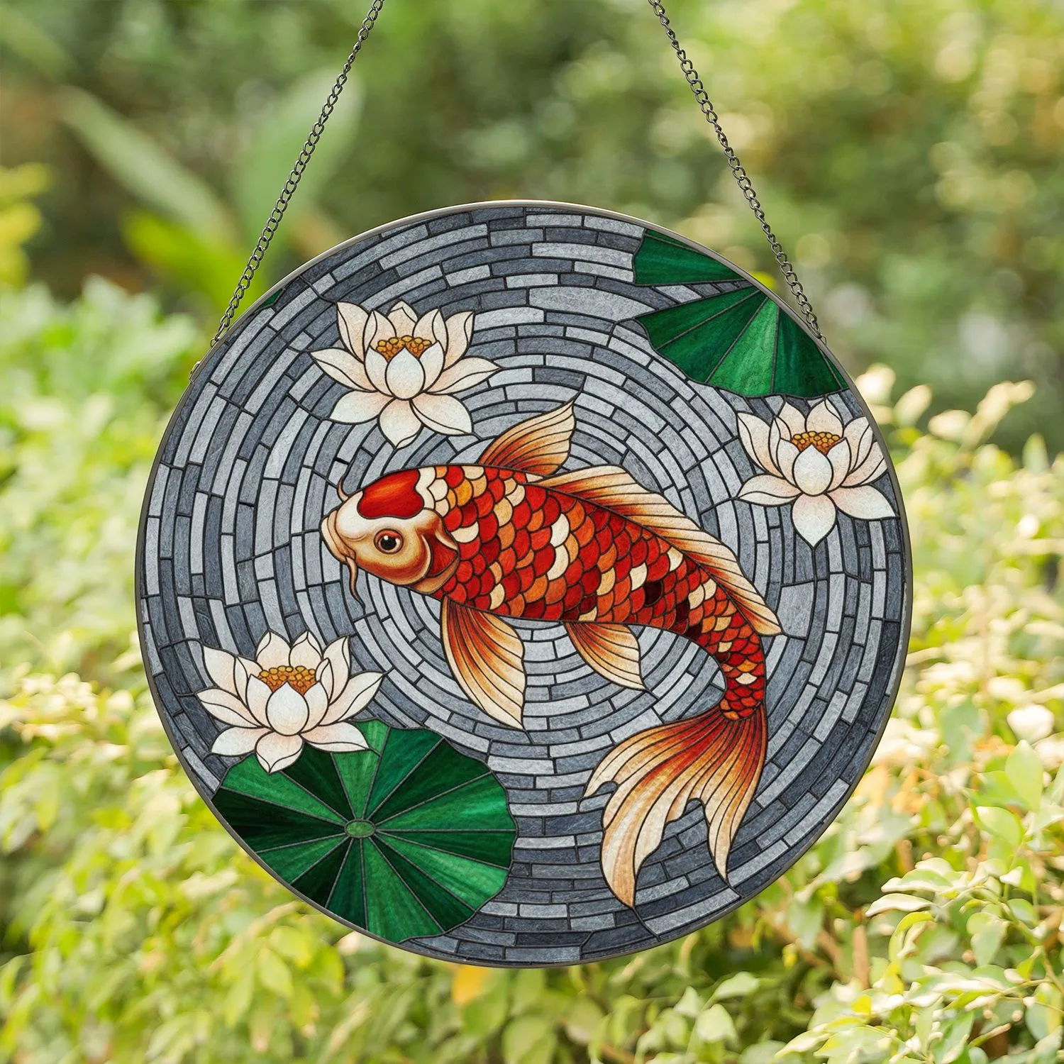 Red Orange Koi Fish Elaborate Fins White Lotus Flower Stained Glass Water Art Gift Stained Glass Suncatcher - 1