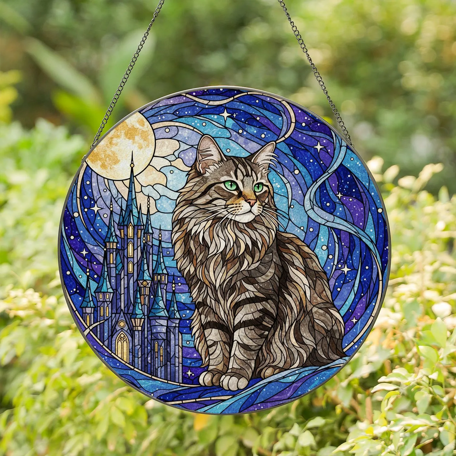 Tabby Cat Emerald Eyes Gothic Castle Full Moon Cosmic Night Sky Stained Glass Stained Glass Suncatcher - 1