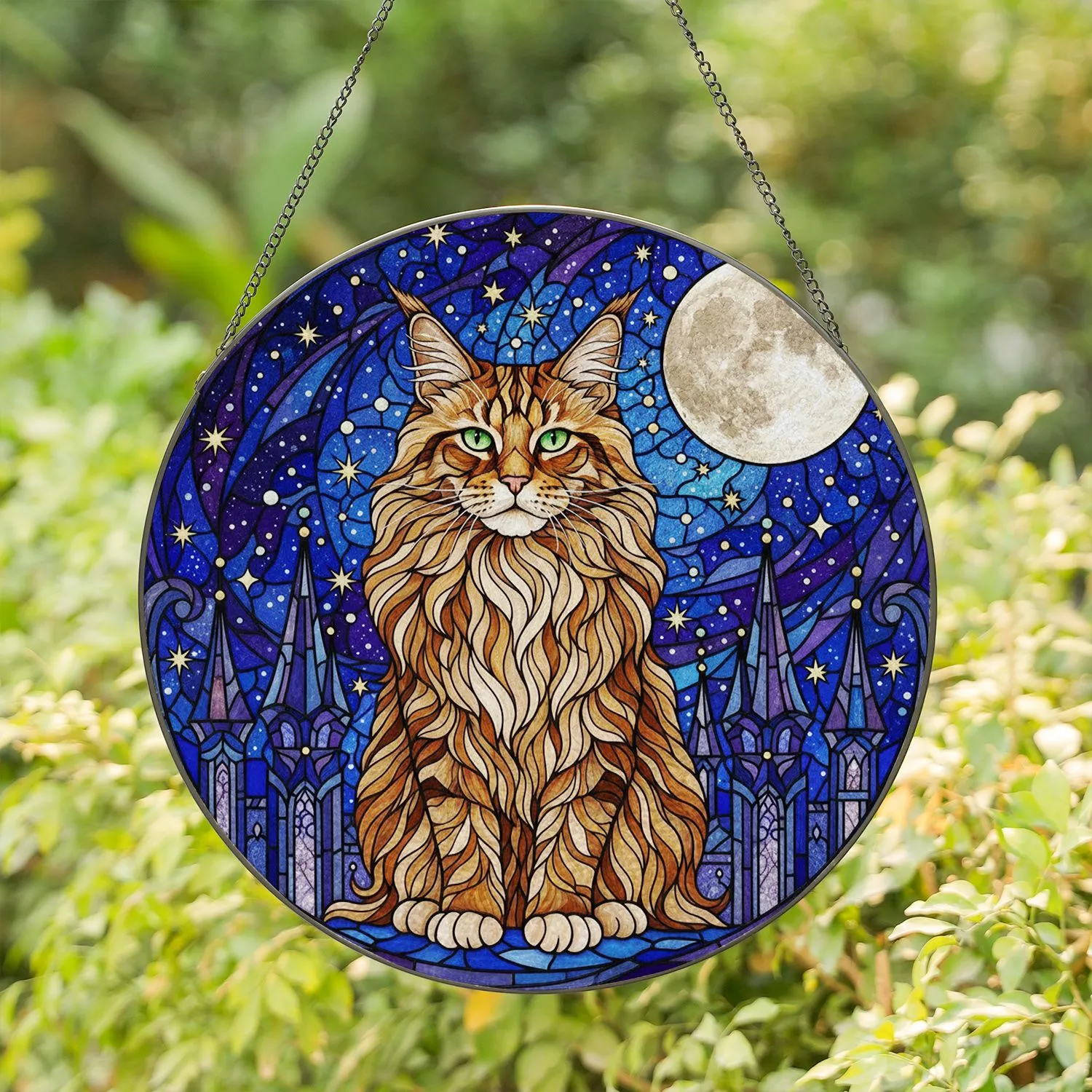 Maine Coon Cat Gothic Castle Full Moon Celestial Night Sky Stained Glass Art Stained Glass Suncatcher - 1