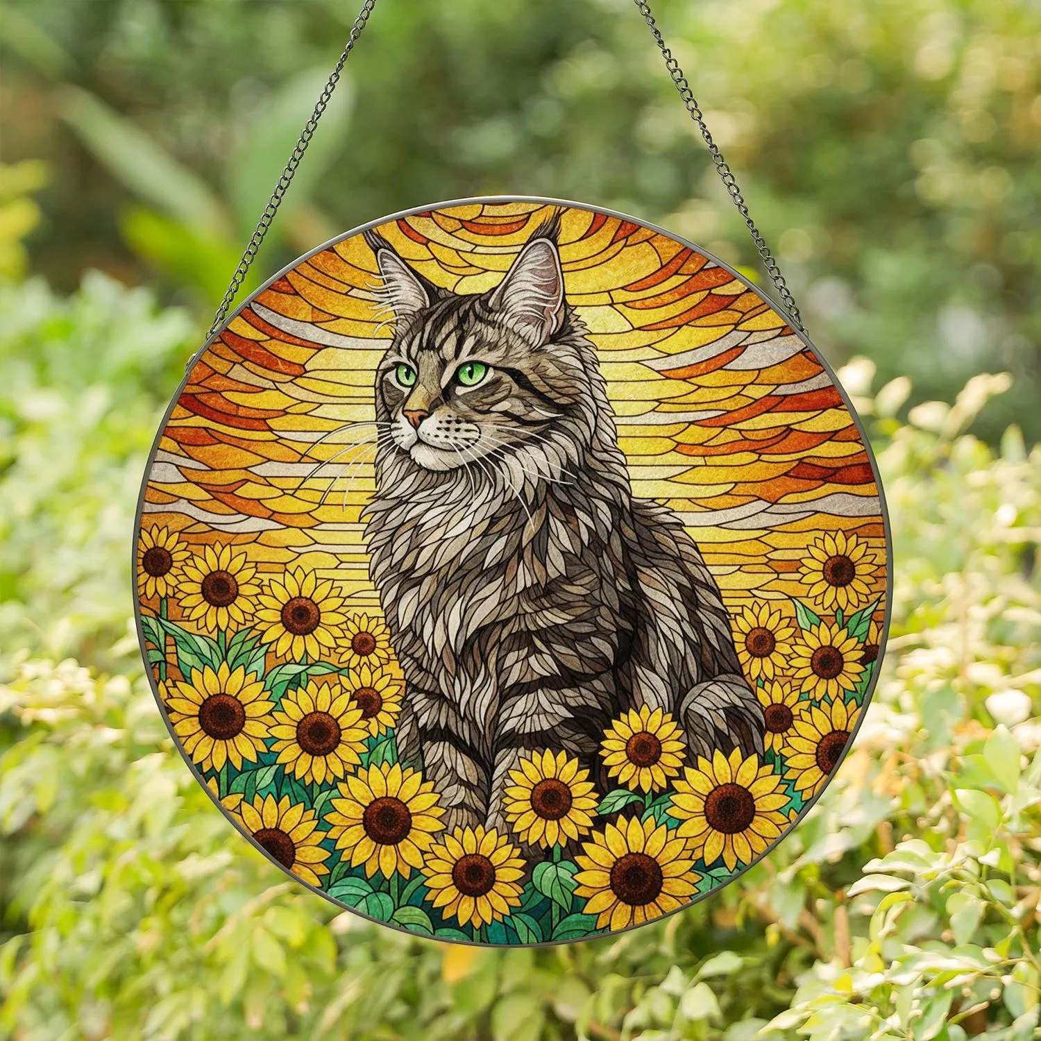 Maine Coon Cat Sunflowers Stained Glass - Tiffany Glass Style Glowing Jewel Tones Gift Stained Glass Suncatcher - 1