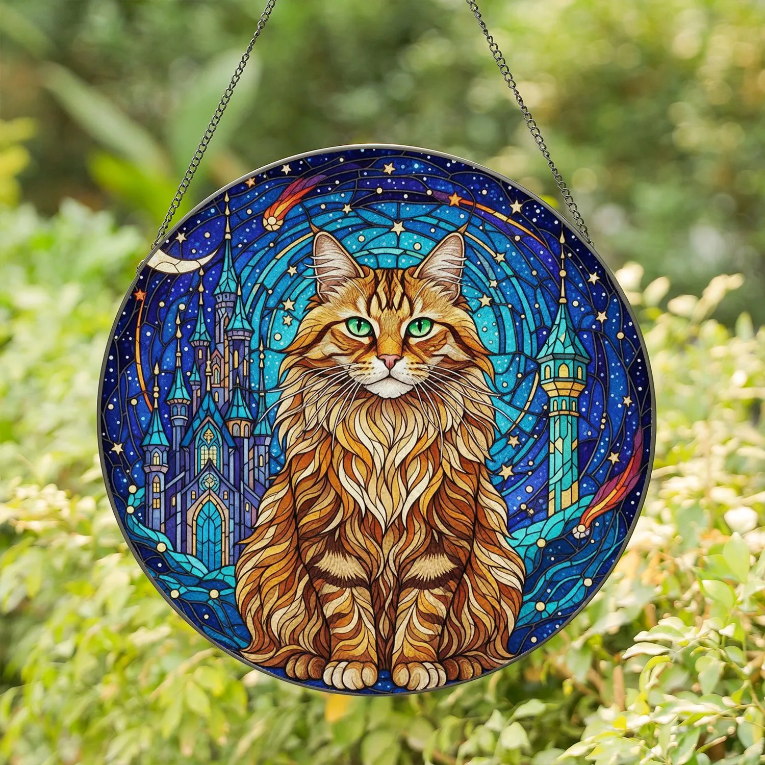 Majestic Tabby Cat Fantasy Castle Starry Night Tiffany Stained Glass Cosmic Art Stained Glass Suncatcher - 1