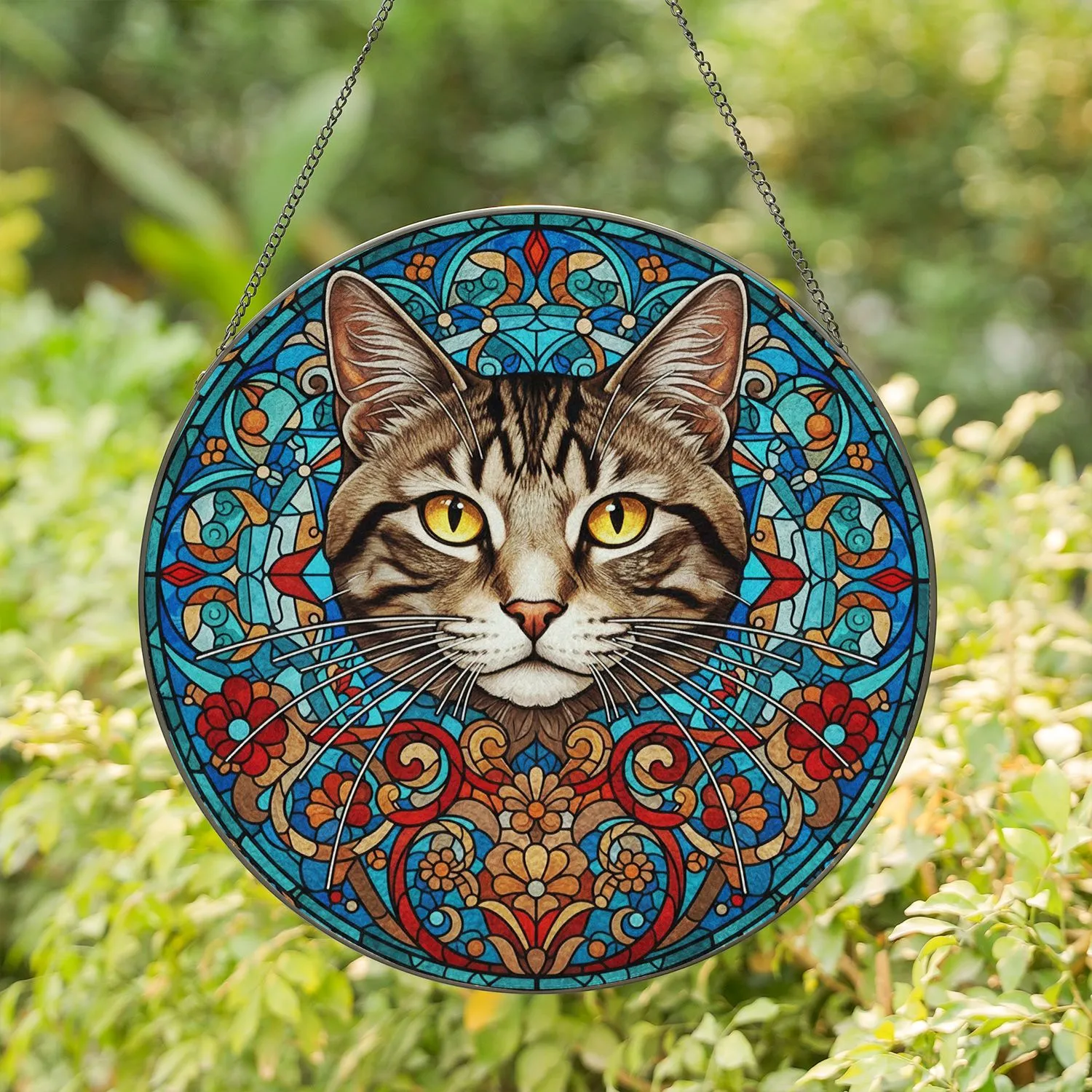 Tabby Cat Tiffany Glass Art - Detailed Feline Mosaic Geometric Window Design for Cat Lovers Stained Glass Suncatcher - 1