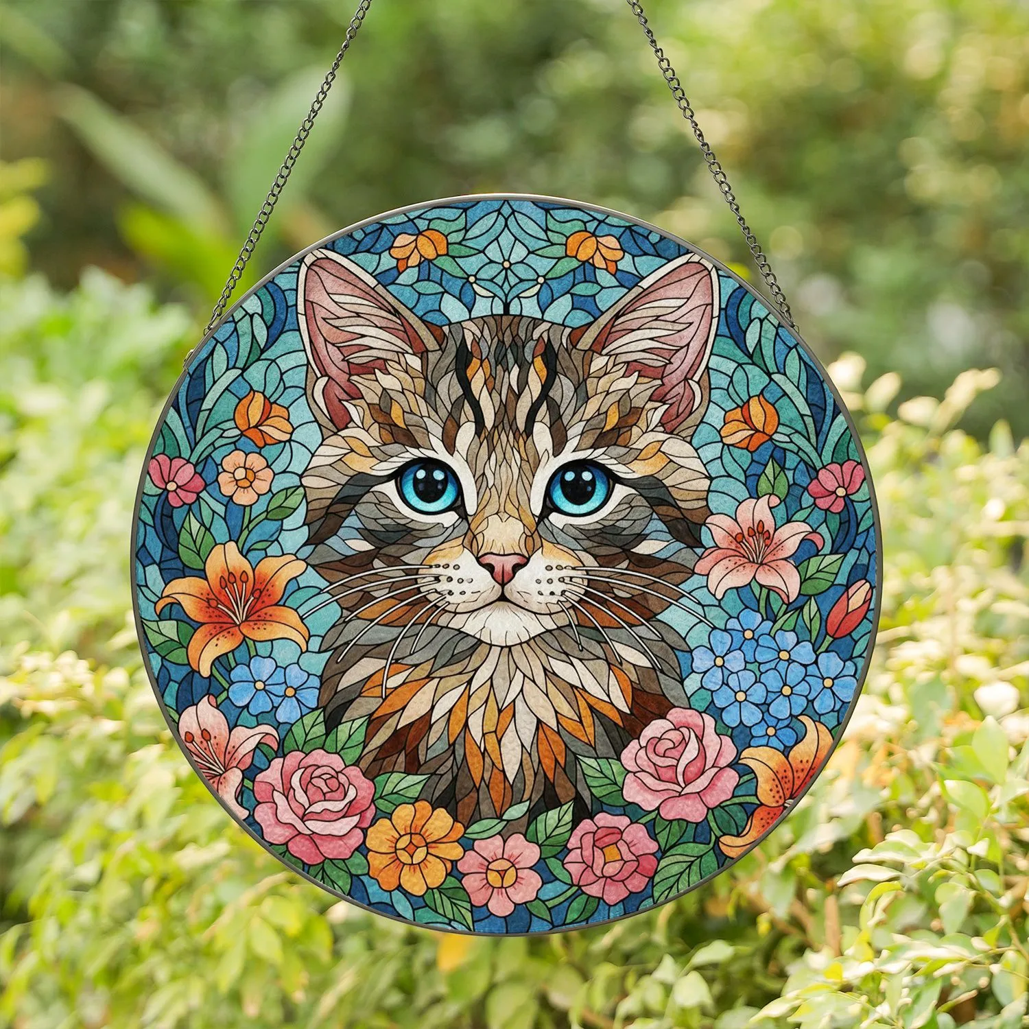 Stained Glass Mosaic Kitten Blue Eyes with Floral Frame - Tiffany Style Decor Gift Stained Glass Suncatcher - 1